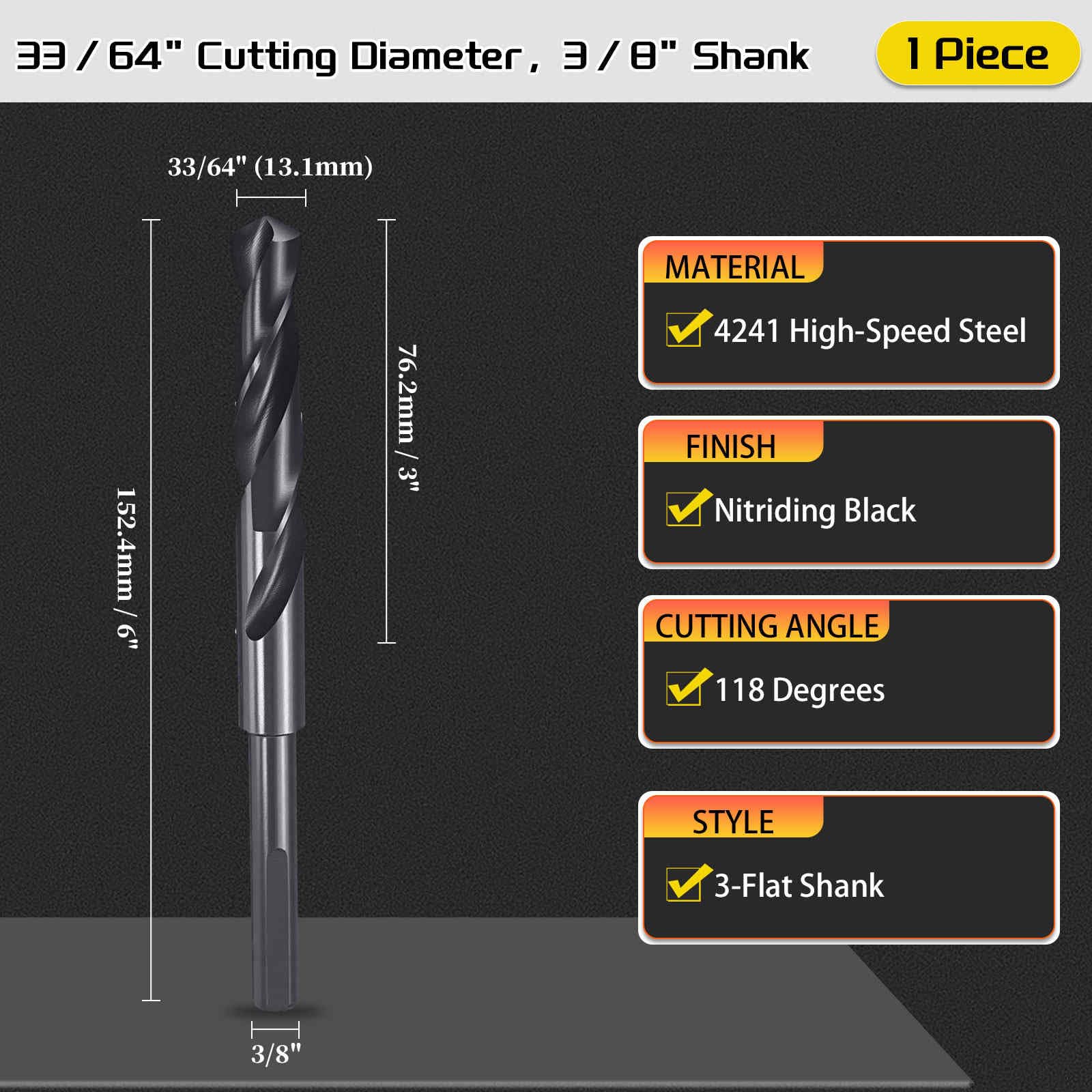 CoCud Drill Bit, 33/64" Cutting Diameter (13.1mm), 3/8" Reduced Shank 3-Flat 4341 HSS Nitriding Black 118° Cutting Angle Bits - Image 2