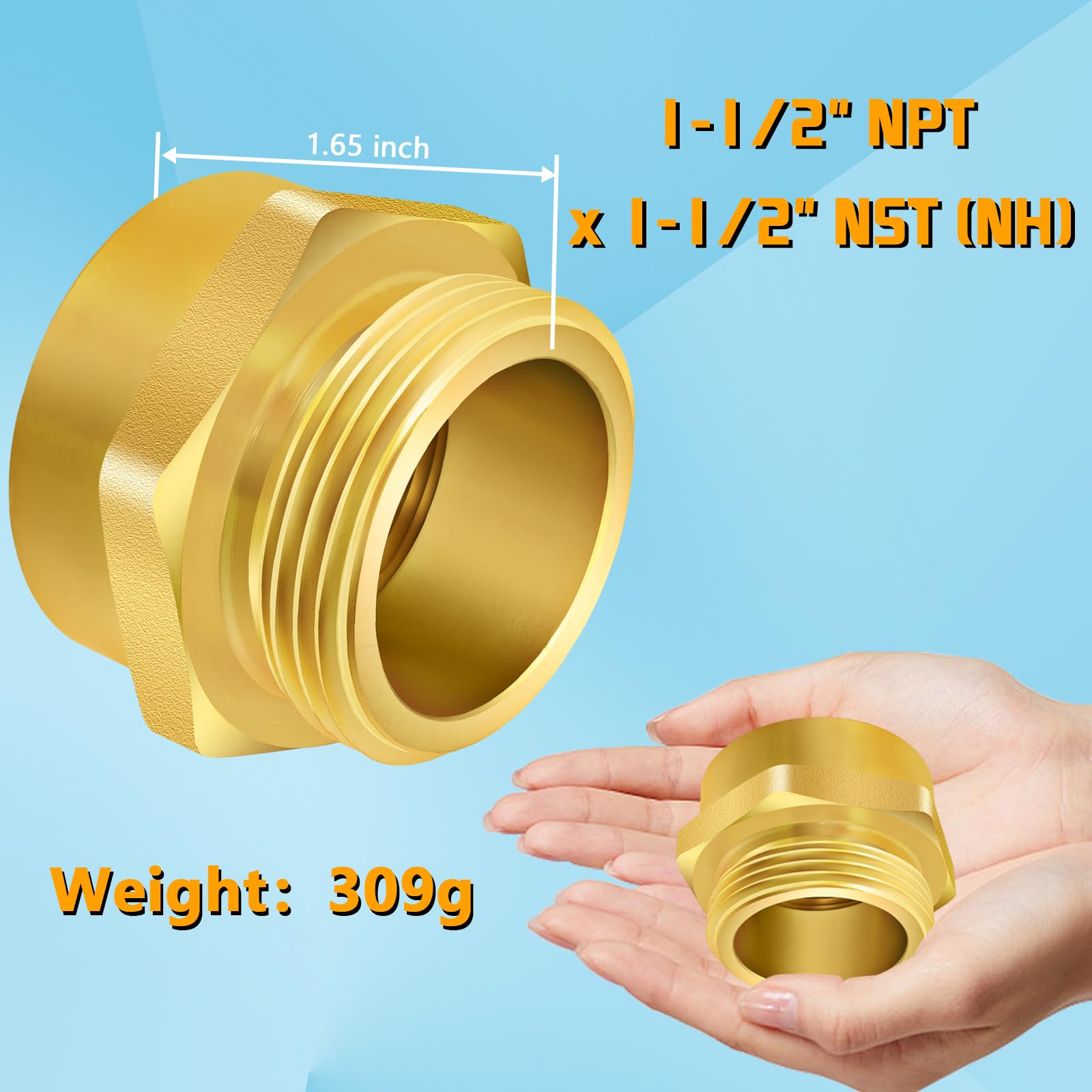 Adaptador de manguera de hidrante de incendios, NPT hembra de 1-1/2 pulgadas x 1-1/2 pulgadas NST (NH) macho, accesorios de manguera de fuego hexagonales, adaptadores de manguera de jardín de latón,