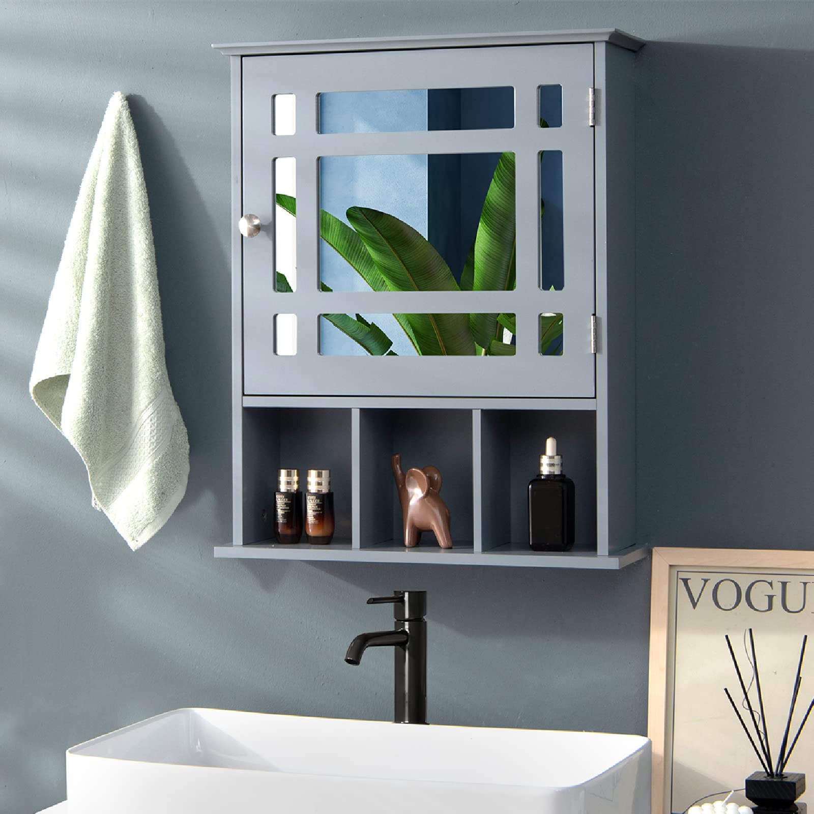 CASART Wall Mounted Bathroom Cabinet, Single Door Storage Mirrored Cupboard with Adjustable Shelf and 3 Open Compartments, Wooden Mirror Organizer for Bedroom, Living Room, Bathroom (Grey)
