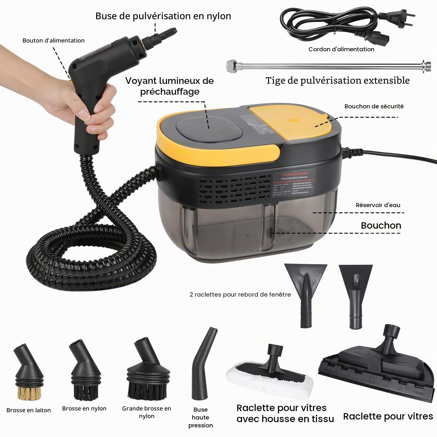 Nettoyeur Vapeur 2500W, Réservoir D’eau 1600ML, Poignée Réglable en 3 Positions, Haute Température 105℃ et Pression 3 Bar, Chauffe Rapide en 15s, 10 Accessoires, pour Voiture, Cuisine (Noir)