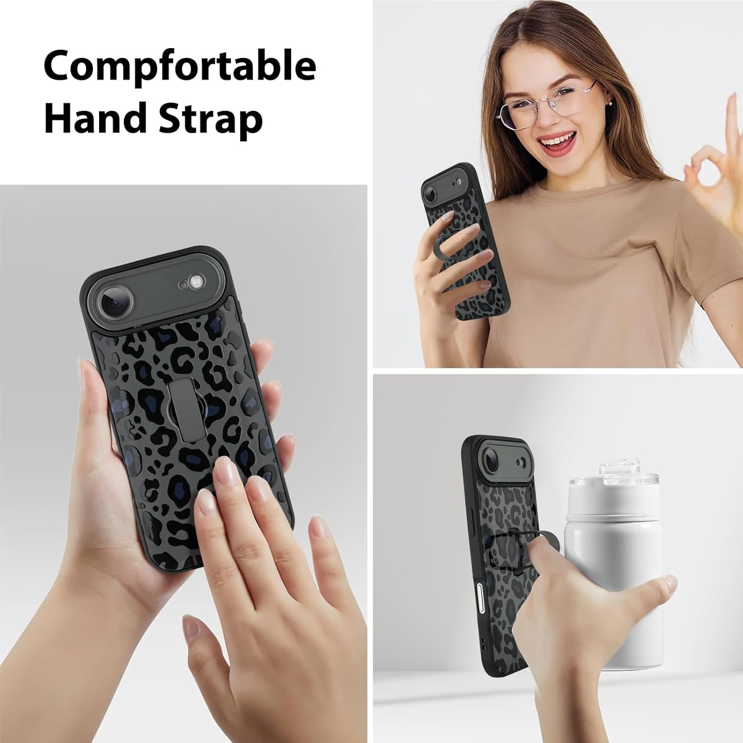 KANGHAR Compatible with iPhone Air Case Black Leopard Print Pattern Cute Cheetah Wristband Stand Phone Cover for Women Girls Men Shockproof Slim Protective Cover Air 6.7 Inch - Image 2