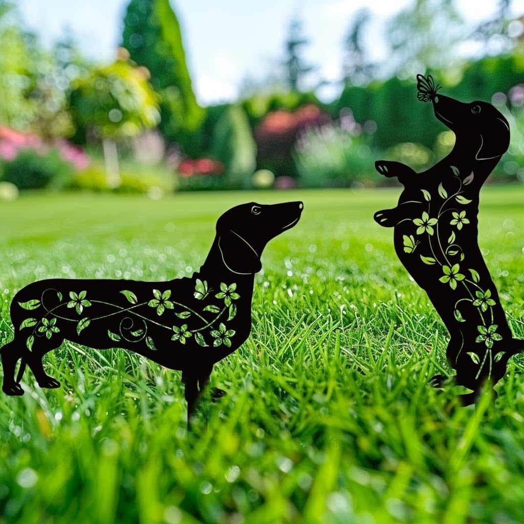 Dog Garden Decor for Outside, Dachshund Gifts for Dog Lovers, Rust Proof Metal Black Silhouette Decorative Garden Stakes for Yard, Patio, Lawn Decorations, Dachshund Outdoor Decor Yard Art