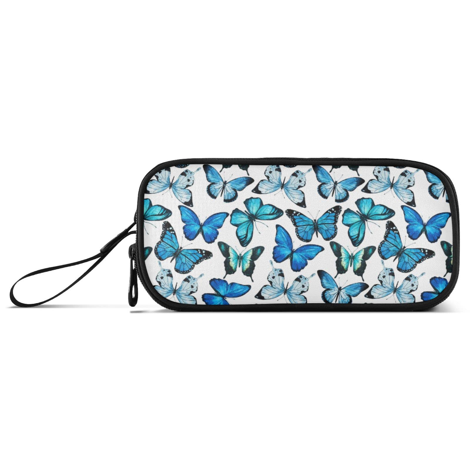 Fisyme Blue Butterfly Pencil Case Large Capacity Pen Box Makeup Pouch Holder Organizer Stationery Bag for School Office College Traval Adult