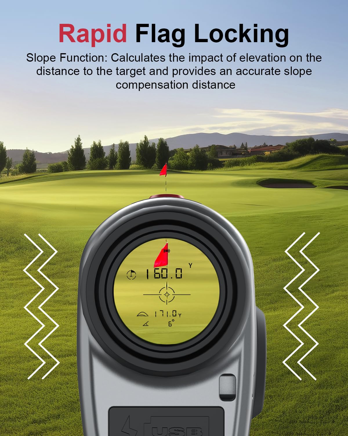 Télémètre de golf avec pente, télémètre laser de 1 300 m, grossissement 7x, télémètre rechargeable avec verrouillage du drapeau, mode vitesse pour la chasse et le tir.