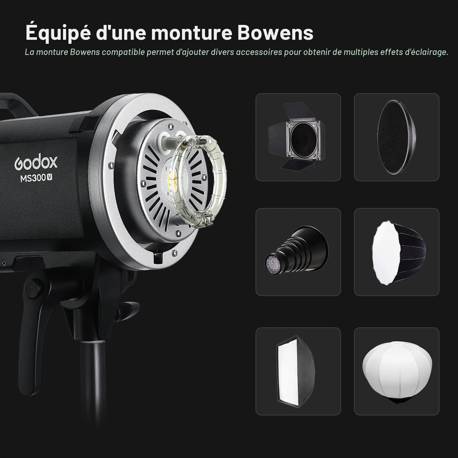 Godox MS300V Flash de Studio 300W 2,4G Monture Bowens Lampe LED | GN58, 5600K ±200K, Système sans fil 2,4G intégré, Lampe LED de Modélisation, Réflecteur Standard, idéal pour Studio, Portrait