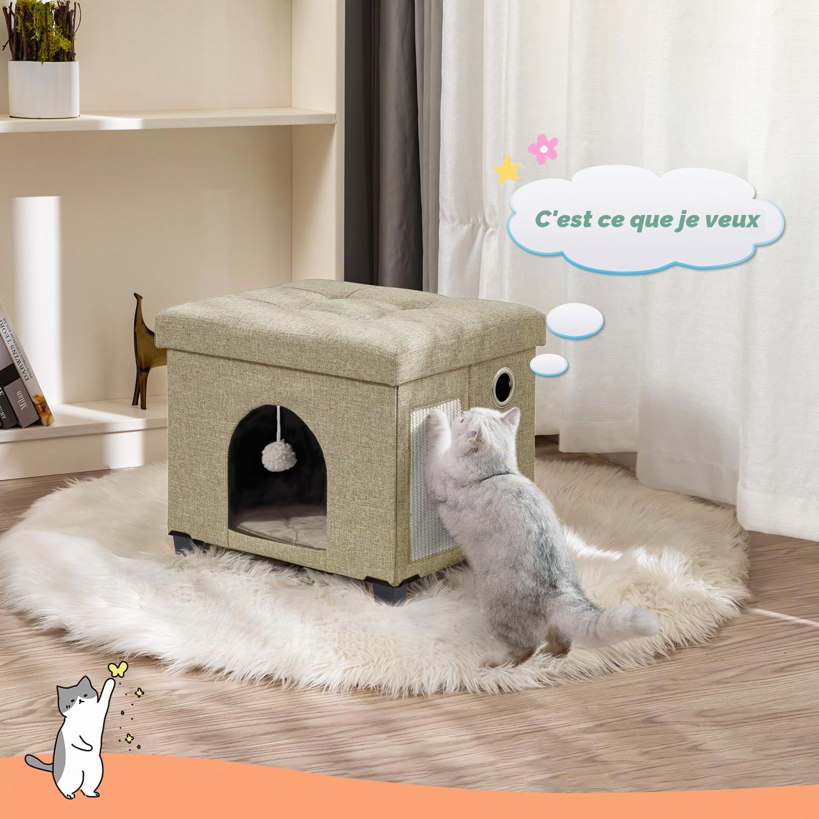 BRIAN & DANY Niche Chat Interieur, Maison Pliable pour Chat, Niche Chat avec Planche à Gratter et Balle pour Chat, 37.5 x 32.5 x 36 cm, Kaki