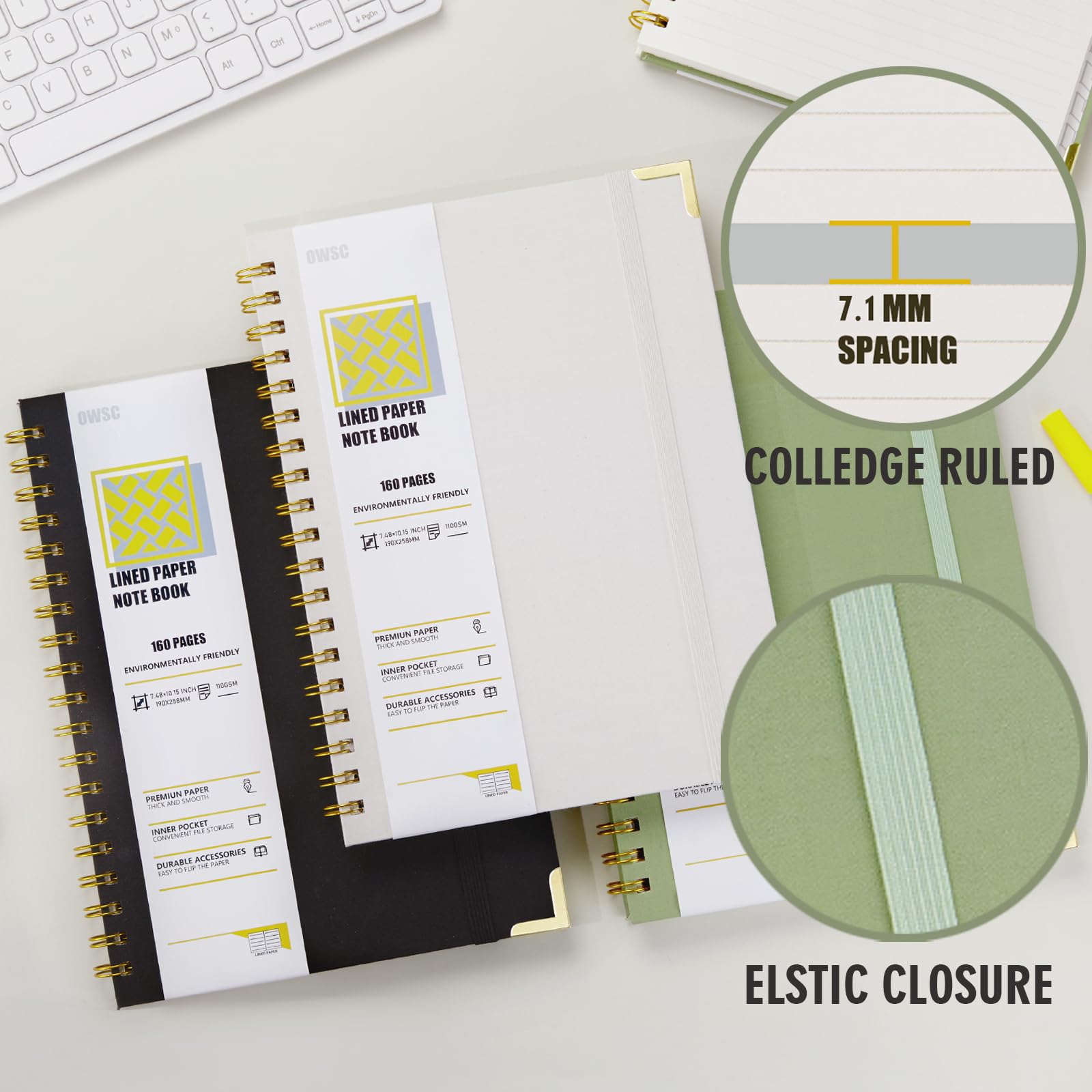 OWSC Cuaderno de espiral rayado con papel grueso de 110 g/m², 480 páginas tamaño B5, cuaderno rayado universitario, tapa dura de 7.1 x 10 pulgadas para mujeres y hombres, cuadernos para el trabajo, la