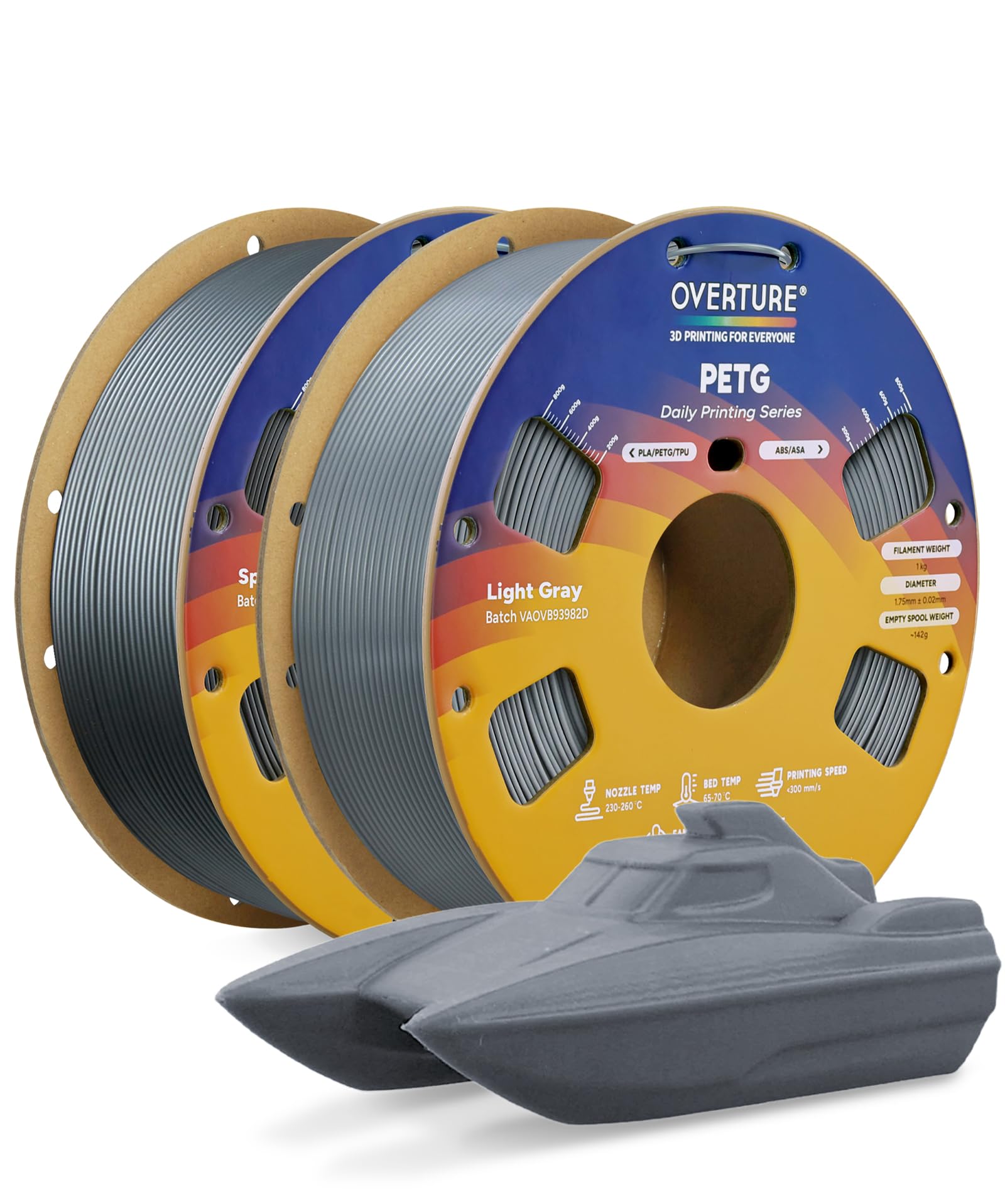 OVERTURE Filament PETG 1,75 mm, 2 kg szpula (4,4 lbs), trwały filament PETG do drukarki 3D, dokładność rozmiaru +/- 0,02 mm, filament do drukarki 3D (jasnoszary 1 kg x 2)