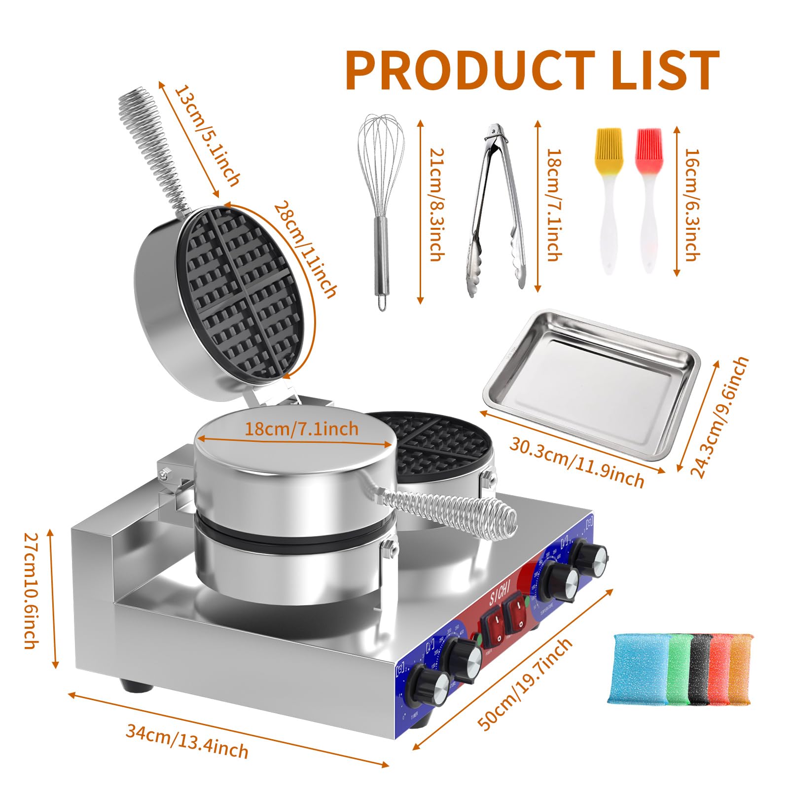 HTTSICHI Waffle Maker - Commercial Waffle Iron w/Two Non-stick Baking Pans, 550 ? Temperature and Timers, 2400W Dual Waffle Maker for Double Baking, Stainless Steel Waffle Machine for Restaurant