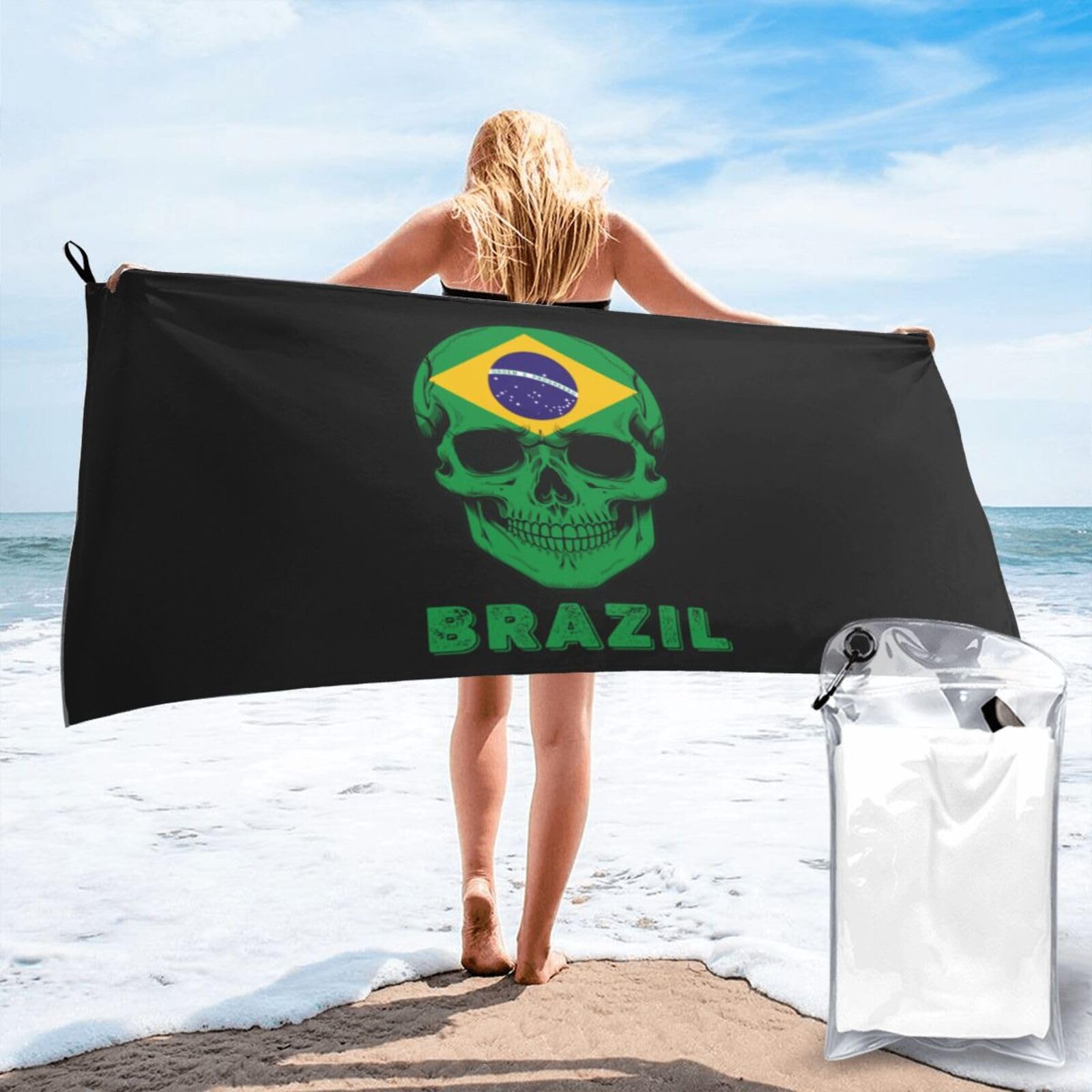 HACXZ Skull Brazil Flag Lightweight Absorbent Beach Towel Microfiber Beach Towel 31.5"X63"
