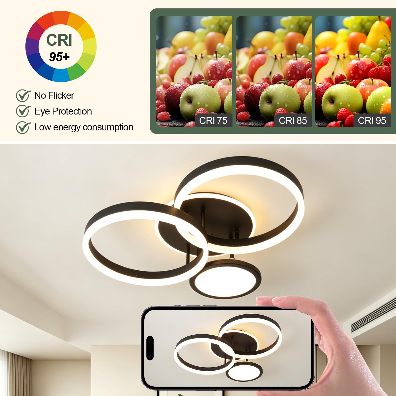 LED Deckenlampe Wohnzimmer 45W Dimmbar Deckenleuchte Schlafzimmer | 54CM 3771LM Moderne Fernbedienung Dimmbar Nachtlicht Memory-Funktion für Esszimmer Küche Schwarz 4-Ringe Design 3000-6500K