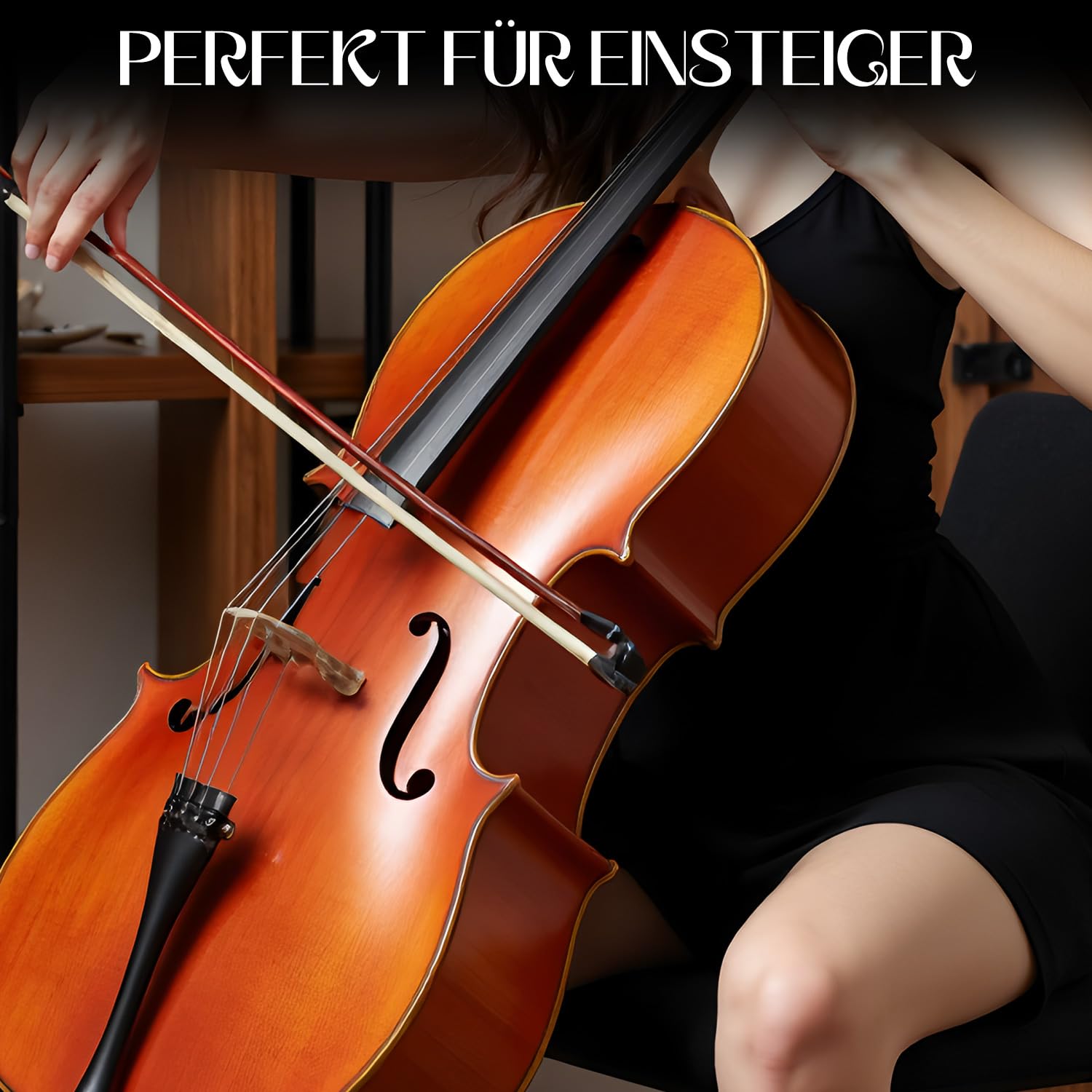 Cello 4/4 Set in voller Größe für Anfänger & Fortgeschrittene – Komplettset mit Etui, Bogen, Kolophonium & Saiten | Ideal für Kinder, Erwachsene & Musikschulen | Inkl. Schleife & Stimmgerät (Voll)