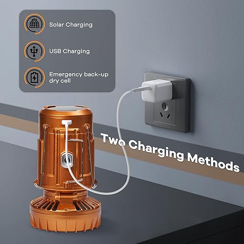 Miniatura 10 de Faroles de camping con ventilador, ventilador solar de campamento de carga para teléfono, linternas LED recargables, ventiladores de campamento para