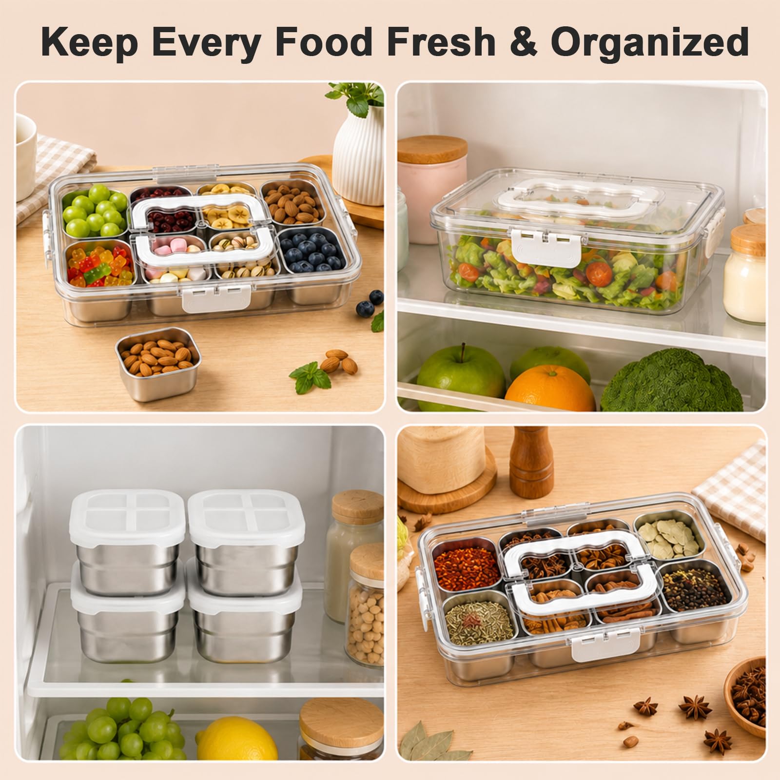 Qingning Stainless Steel Snack Box with 8 Compartments | Snack Box, Divided Serving Tray with Lid, Transparent Snack Plate for Fruits, Nuts, Sweets, Spices