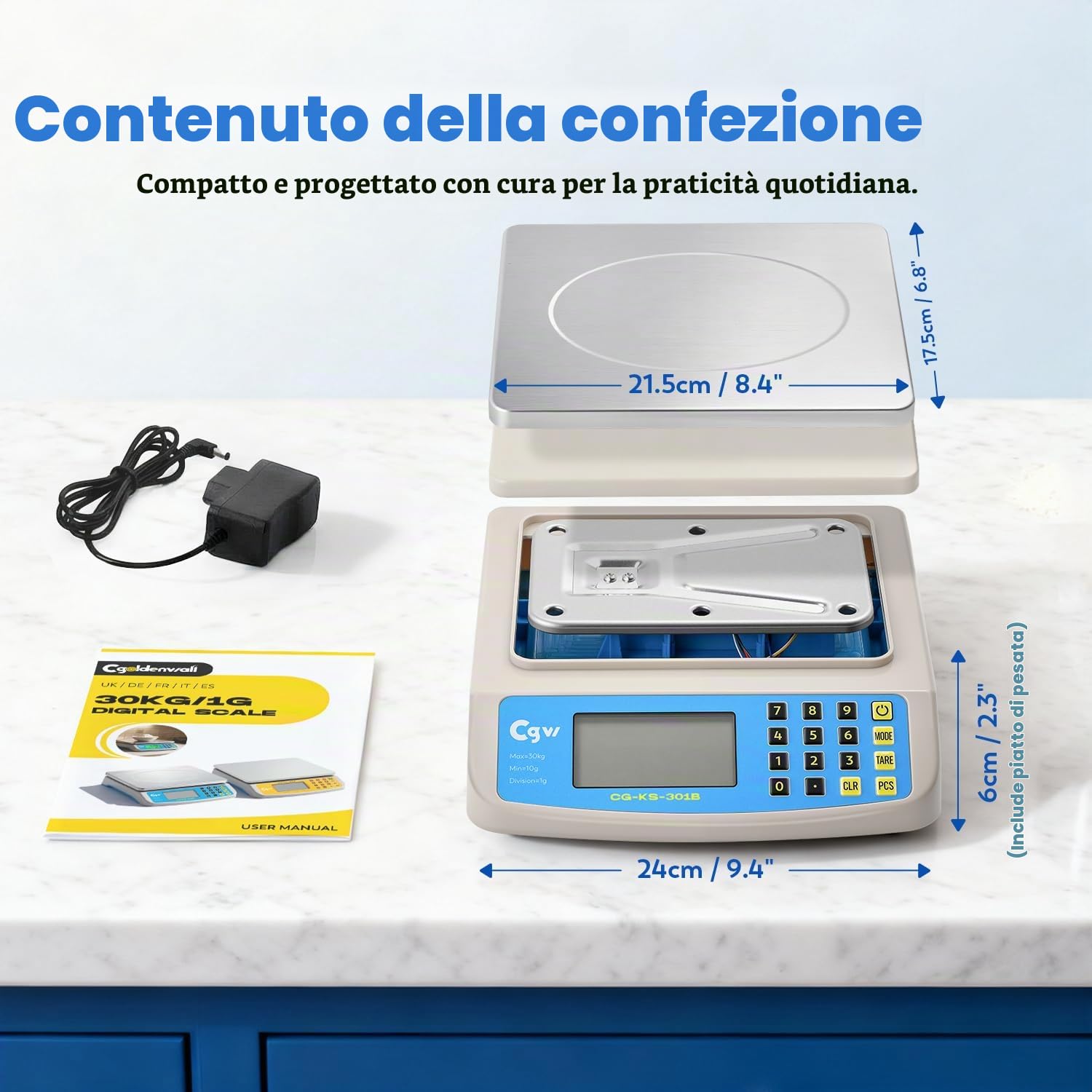 CGOLDENWALL Bilancia Cucina Digitale 30kg/1g, Bilancia Professionale con Calcolo Prezzi, Piatto Inox Grande, Display LCD, Conversione KG/LB/OZ e Doppia Alimentazione, per Ristorante, Pasticceria, Casa