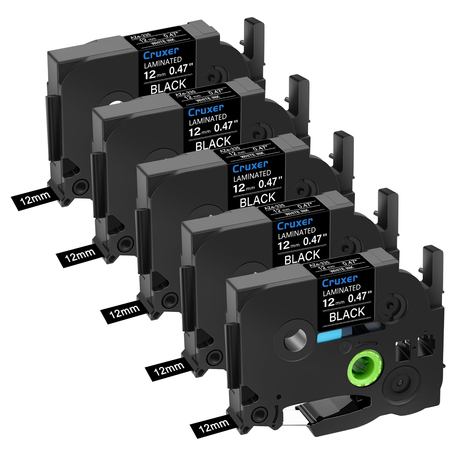 Cruxer 5 Pack Replacement for P-touch TZe-335 TZe335 TZ-335 12mm 0.47 inch White on Black Tape Laminated Label Compatible with Ptouch PT-D200 PT-D210