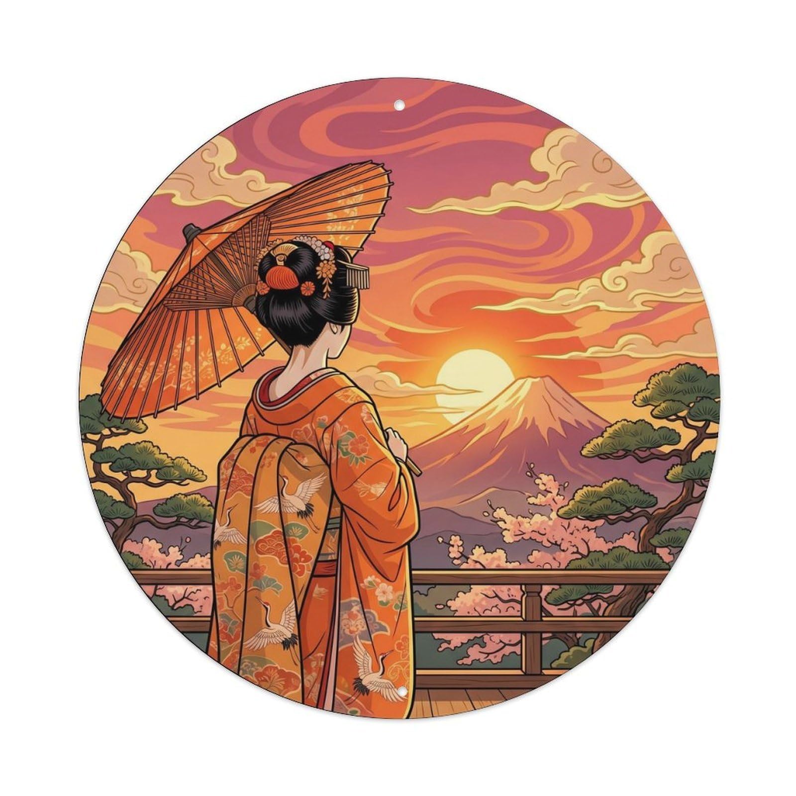 Galvaxio Style Japanese Kimono Woman Sunset Glow Warm Twilight Scene Metal Tin Sign