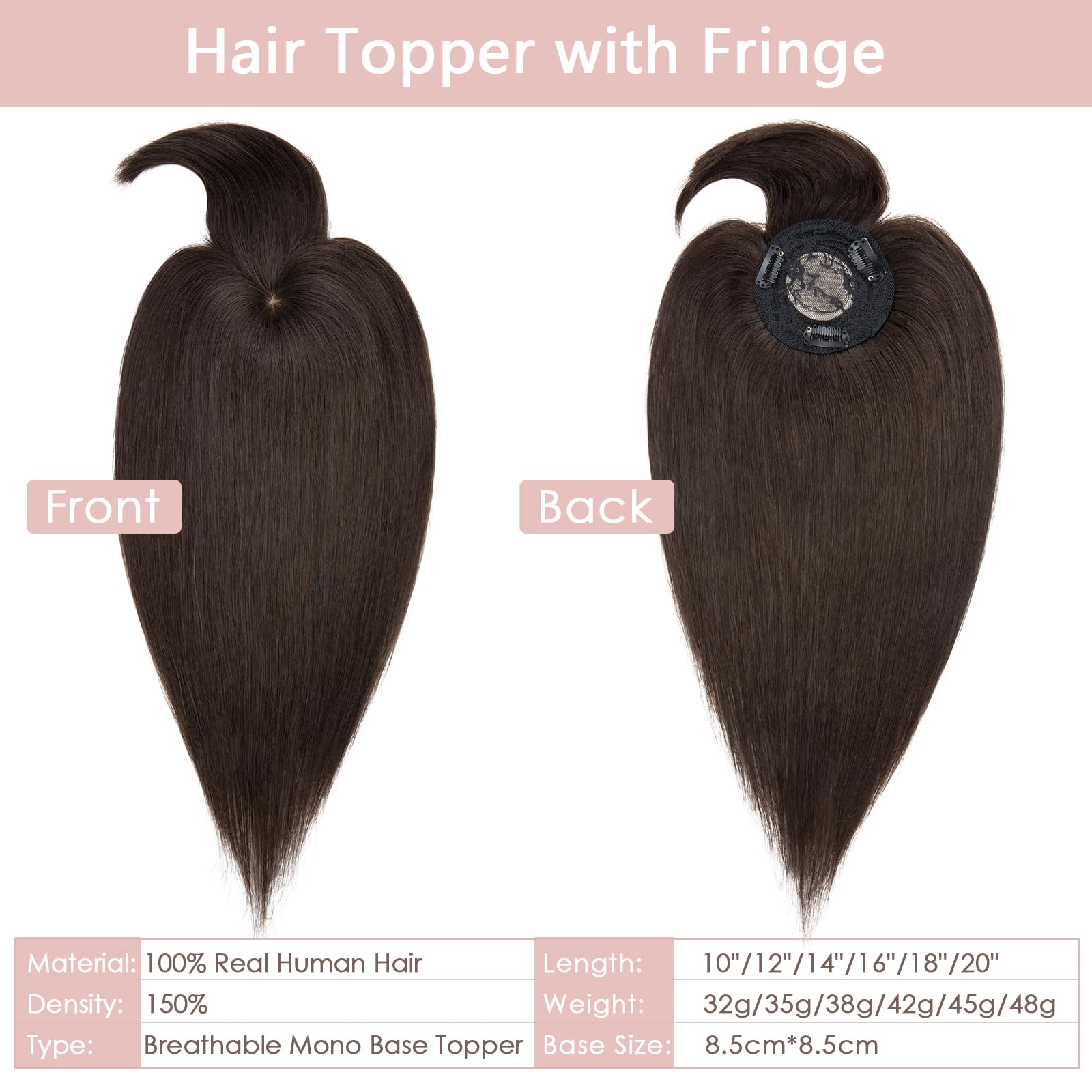 Silk-co Topper Extensions Haarteile Echthaar Clip in Extensions Echthaar Weich Natürlich Glatt Toupet Haarverlängerung mit Pony(11cm lang) 7A Remy Haare 50cm-49g 02# Dunkelbraun