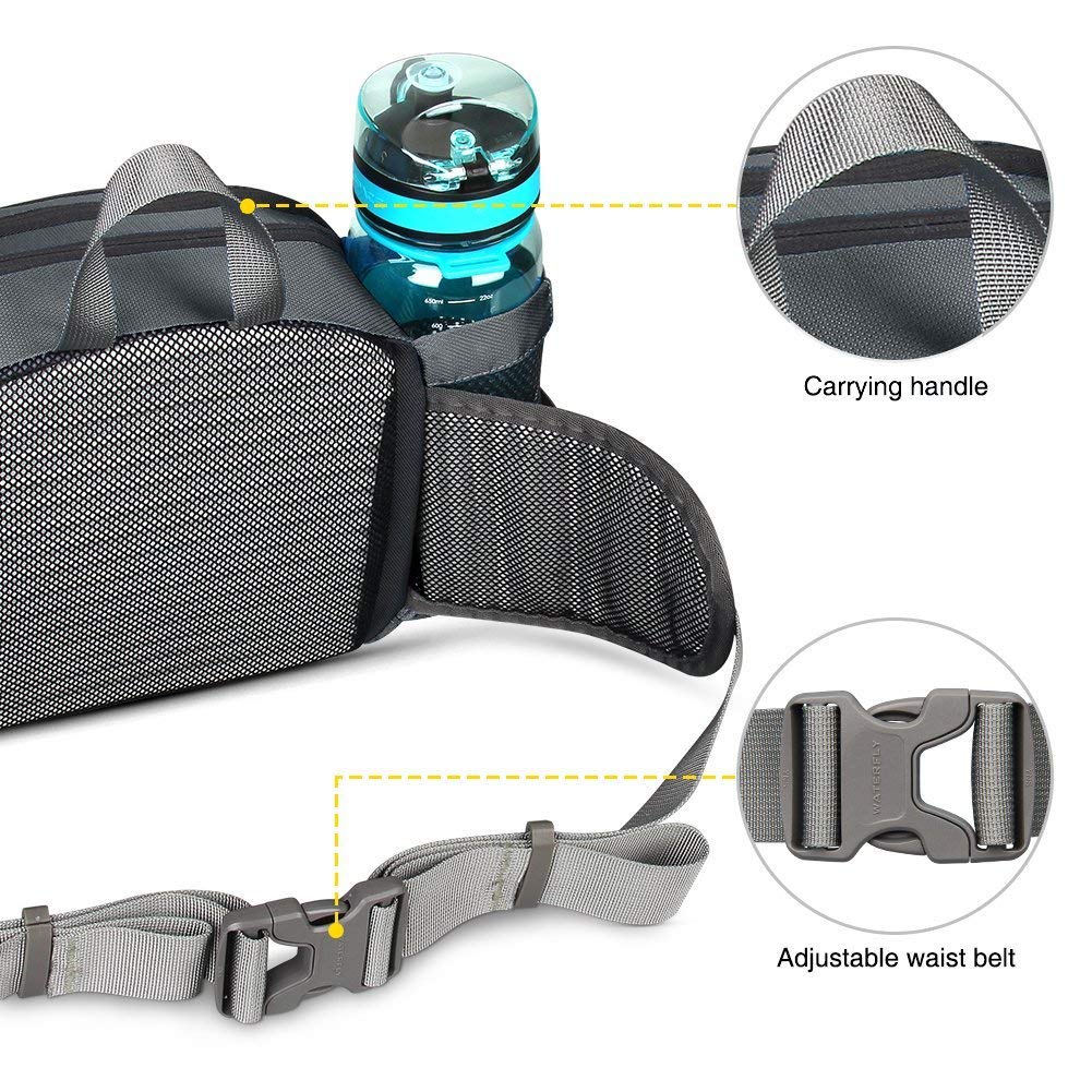 Waterfly Fanny Lot avec Support pour Bouteille d'eau randonnée Taille Packs Sac de Marche Ceinture de Course Sport Lombaire Lot Hip Pack Convient pour iPhone iPod téléphones Samsung, Gris
