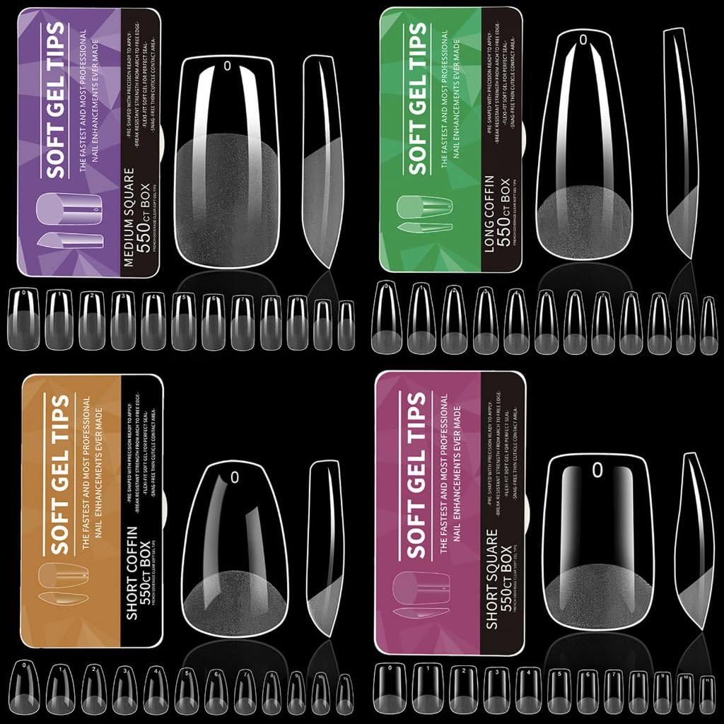 550PCS Almond Gel Nails Tips Pre Etched False Nails Clear Full Covers Soft Acrylic for Manicures