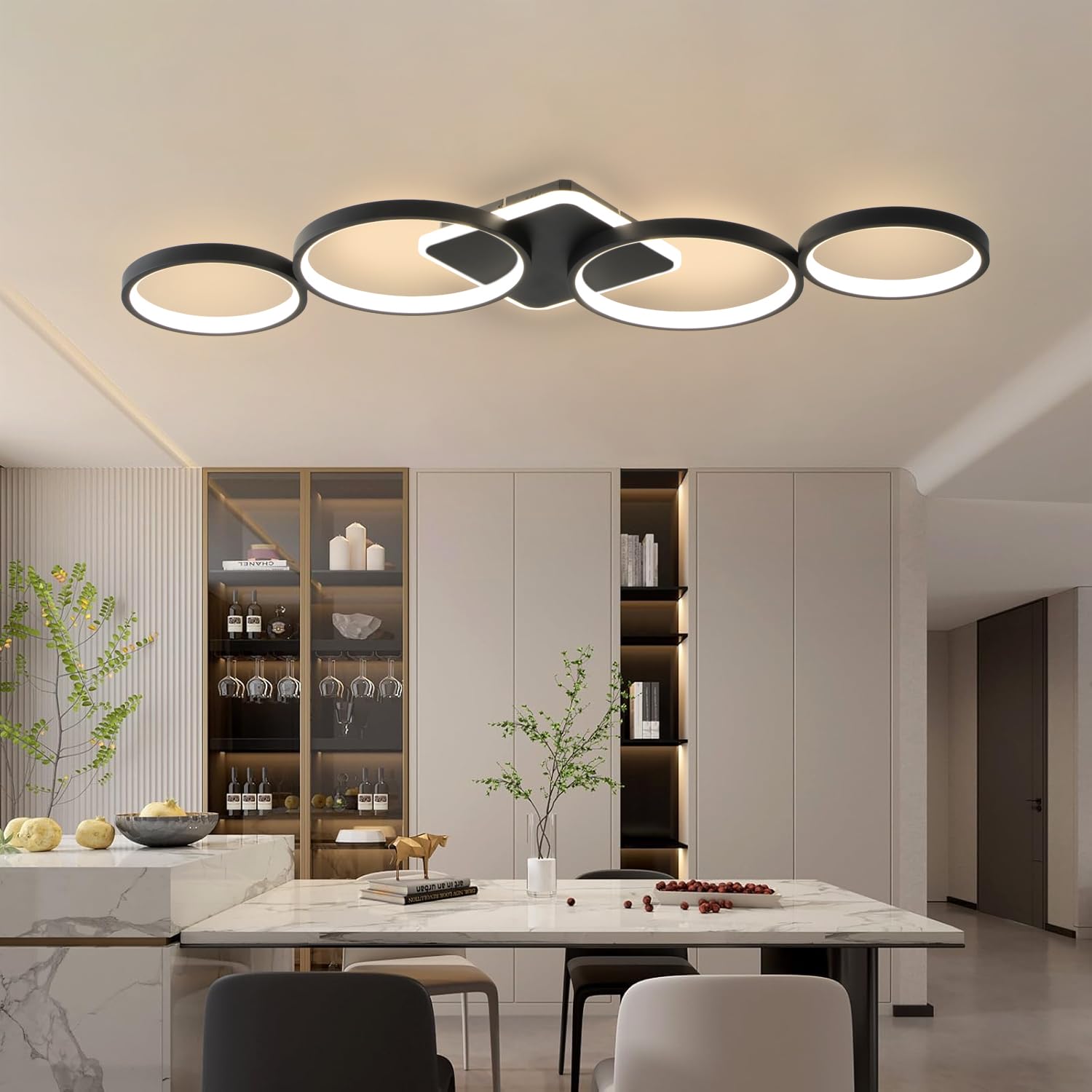 94cm LED Deckenlampe Dimmbar Wohnzimmer, 54W Deckenleuchte Schwarz | Wohnzimmerlampe mit Memory Funktion und Nachtlicht, Moderne 4 Ring deckenbeleuchtung mit Fernbedienung APP für Schlafzimmer