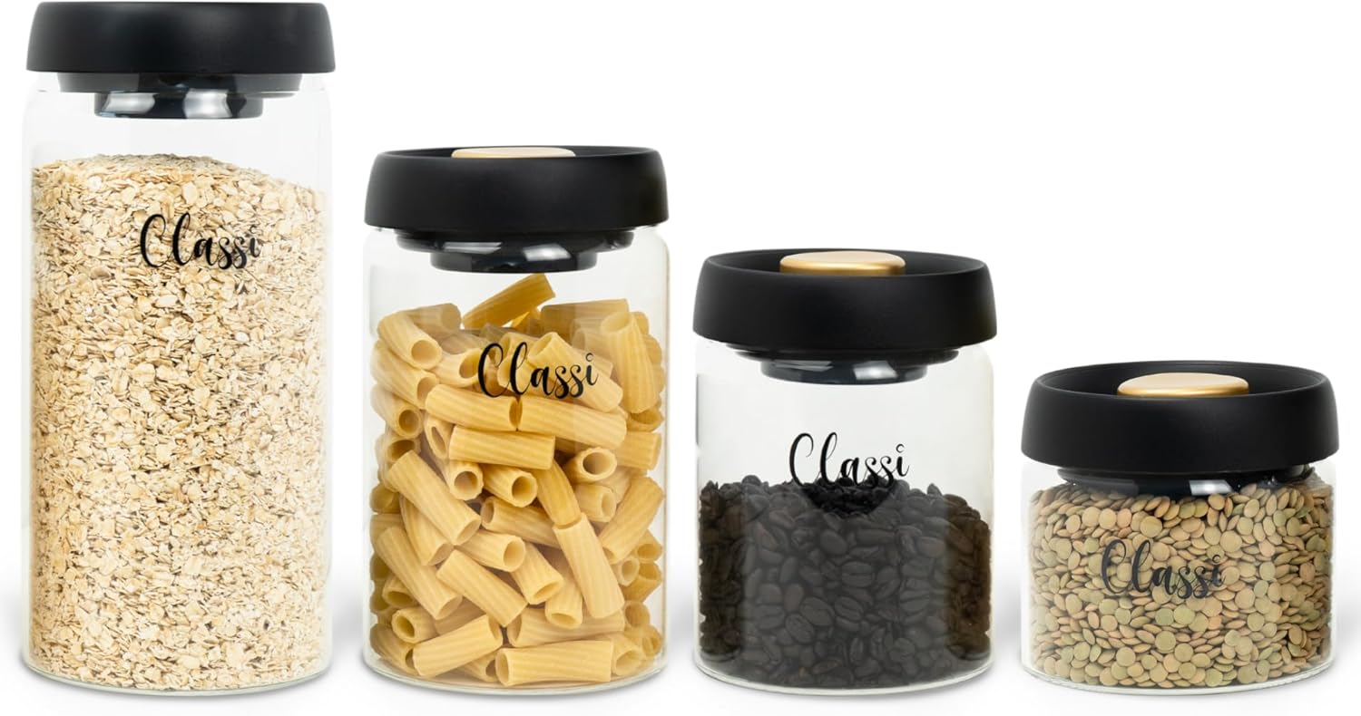 Classi Vacuum Jars with Vacuum Pump in the Lid, 4 Glass Jars Wide Mouth, for Coffee Beans, Coffee Grounds, Beans, Rice, Spices, Tea, Loose Tea, Sugar, Candy, Transparent, 16oz, 30oz, 40oz, 60oz