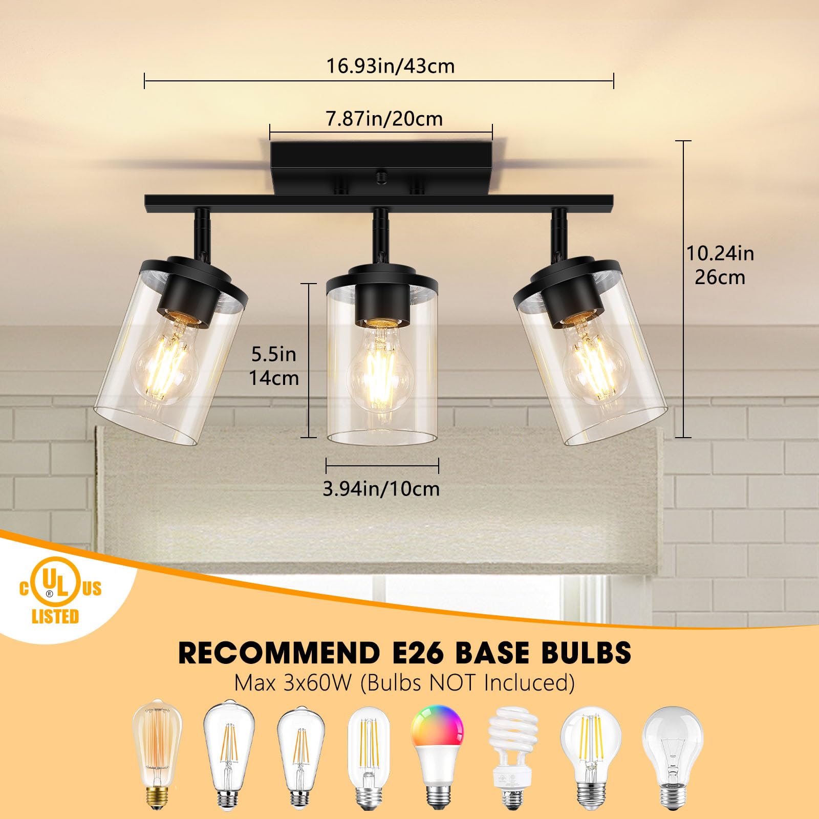Lámpara de techo semiempotrada de 3 luces con pantalla de vidrio transparente, ajustable direccional negra, accesorios de iluminación de riel para techo, accesorios de cocina giratorios para 2