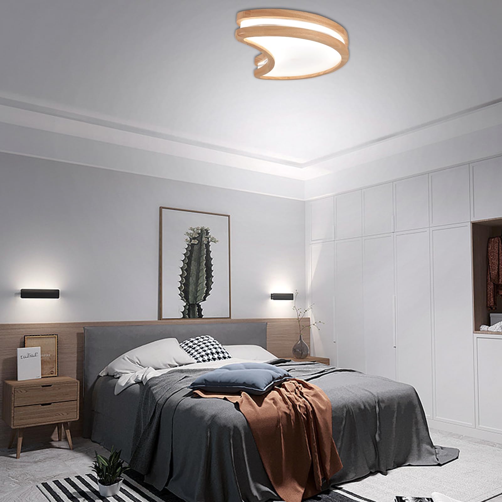 Plafoniera LED Soffitto Legno 20W Plafoniera Luna Lampada da Soffitto Moderni,Bianca Fredda 6500K Plafoniera Bagno per Camera da Letto Bambini Corridoio Soggiorno Balcone, Ø40CM