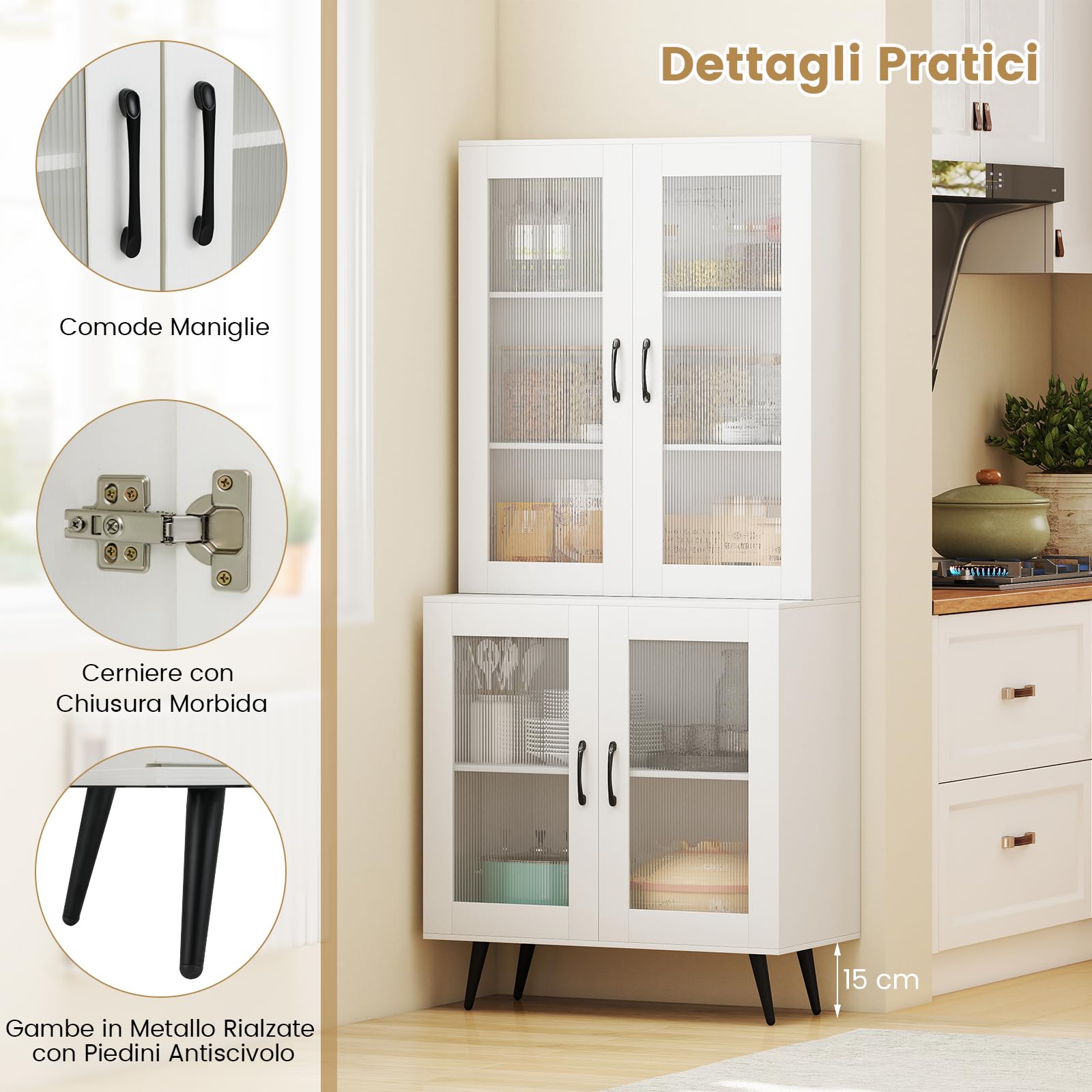 RELAX4LIFE Dispensa Cucina, Credenza Autonoma con Ante Traslucide & Ripiano Regolabile, Armadio Alto Moderno per Soggiorno, Sala da Pranzo, Ufficio a Casa, 80 x 40 x 178,5 CM, Nero/Bianco (BIANCO)