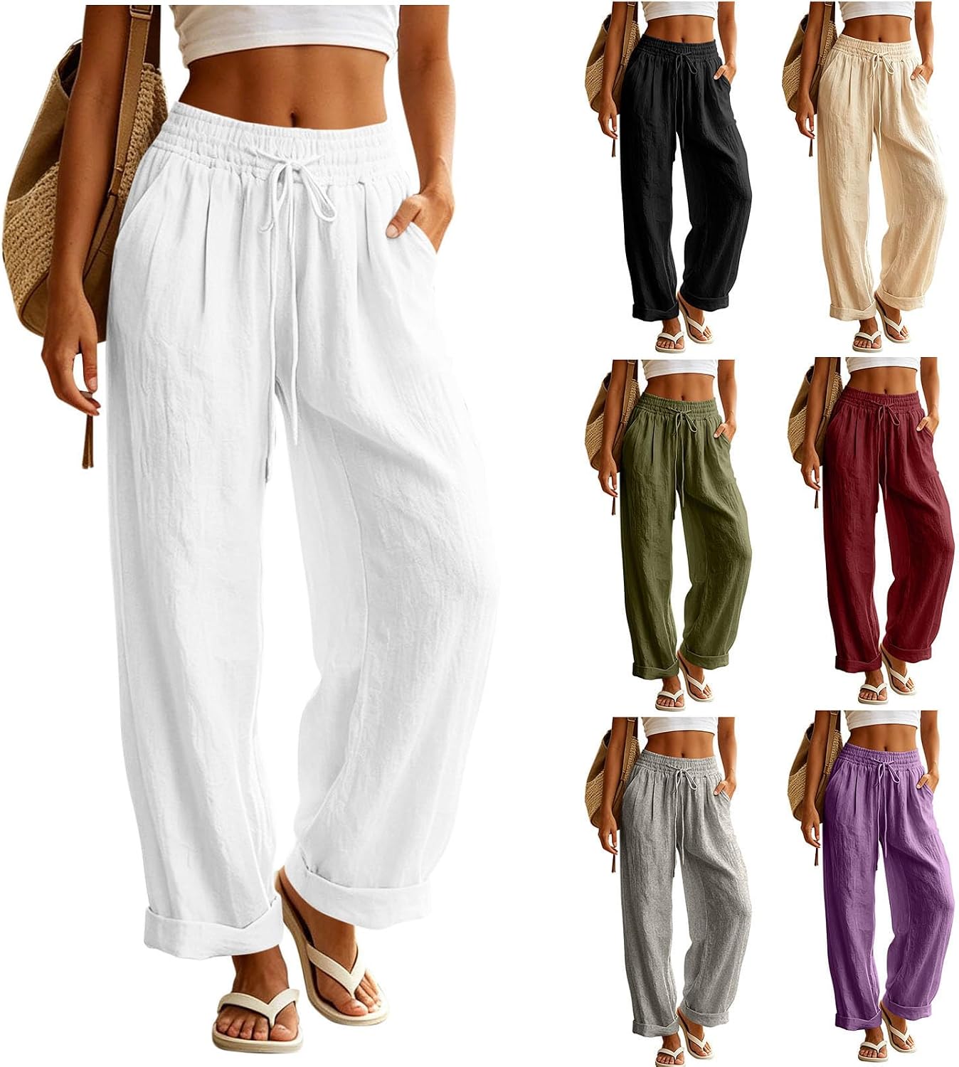 100% Linen Pants Women Long Linen Pants Women Fashion 2026 High Elastic Waist Palazzo Pant Wide Leg Dressy Trousers Summer Beach Vacation Clothes White L