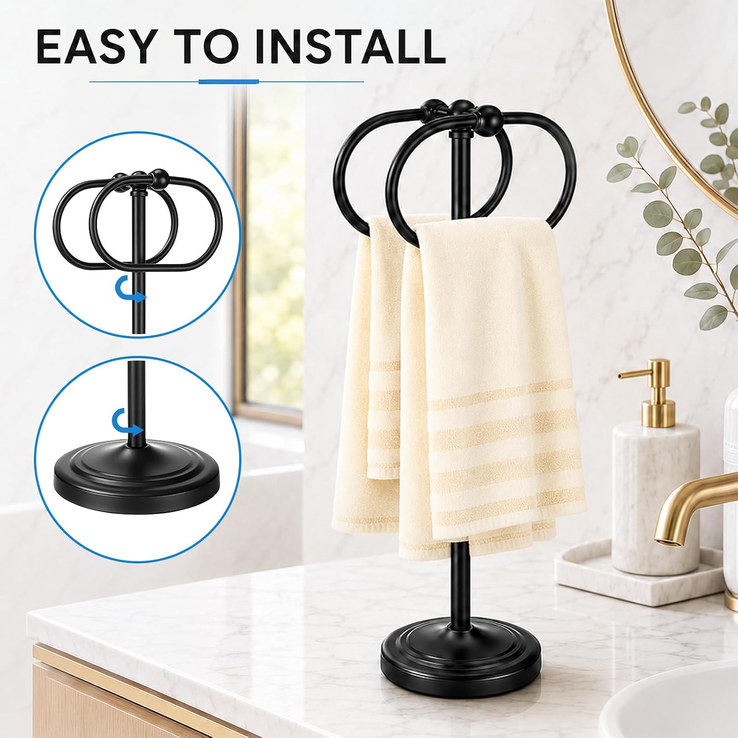 Moxweyeni Hand Towel Holder Stand 14'' Tall with 2 Hanging Rings, Black