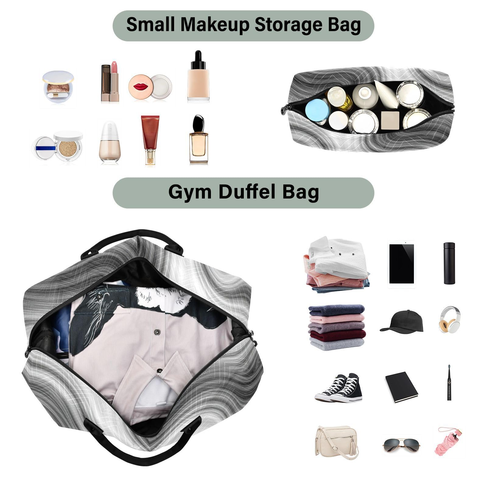 Handgepäck-Set, Doppeltaschen-Set, voller Druck, mehrere Taschen, praktisch, Urlaub, Reisen, Silberner Marmor, One Size, Klassisch
