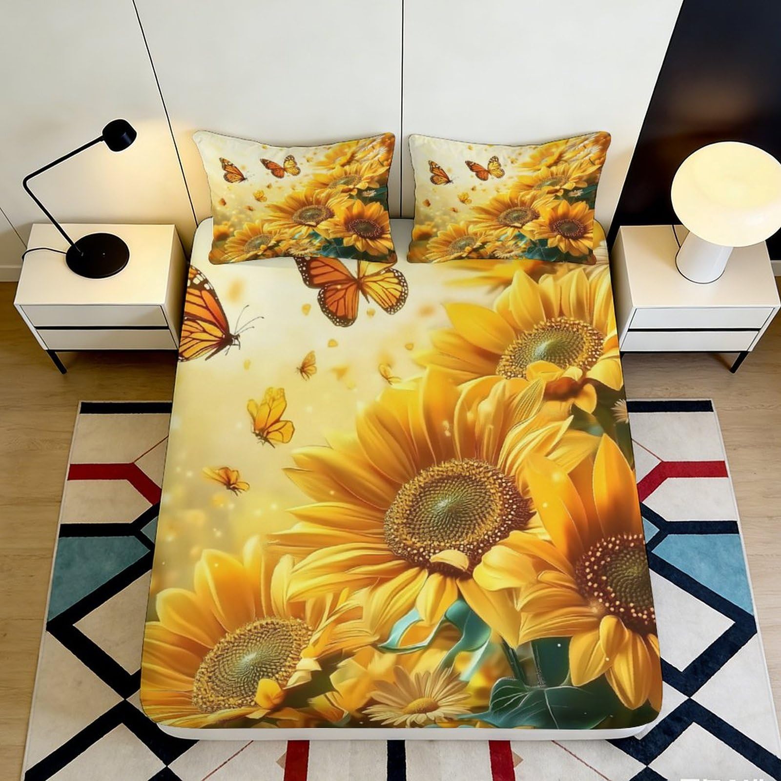 3D Printed Sunflower Butterfly Fitted Sheet Microfiber Soft Decorative Bed Cover for Bedroom Guest Room Easy Care 90x200x25cm