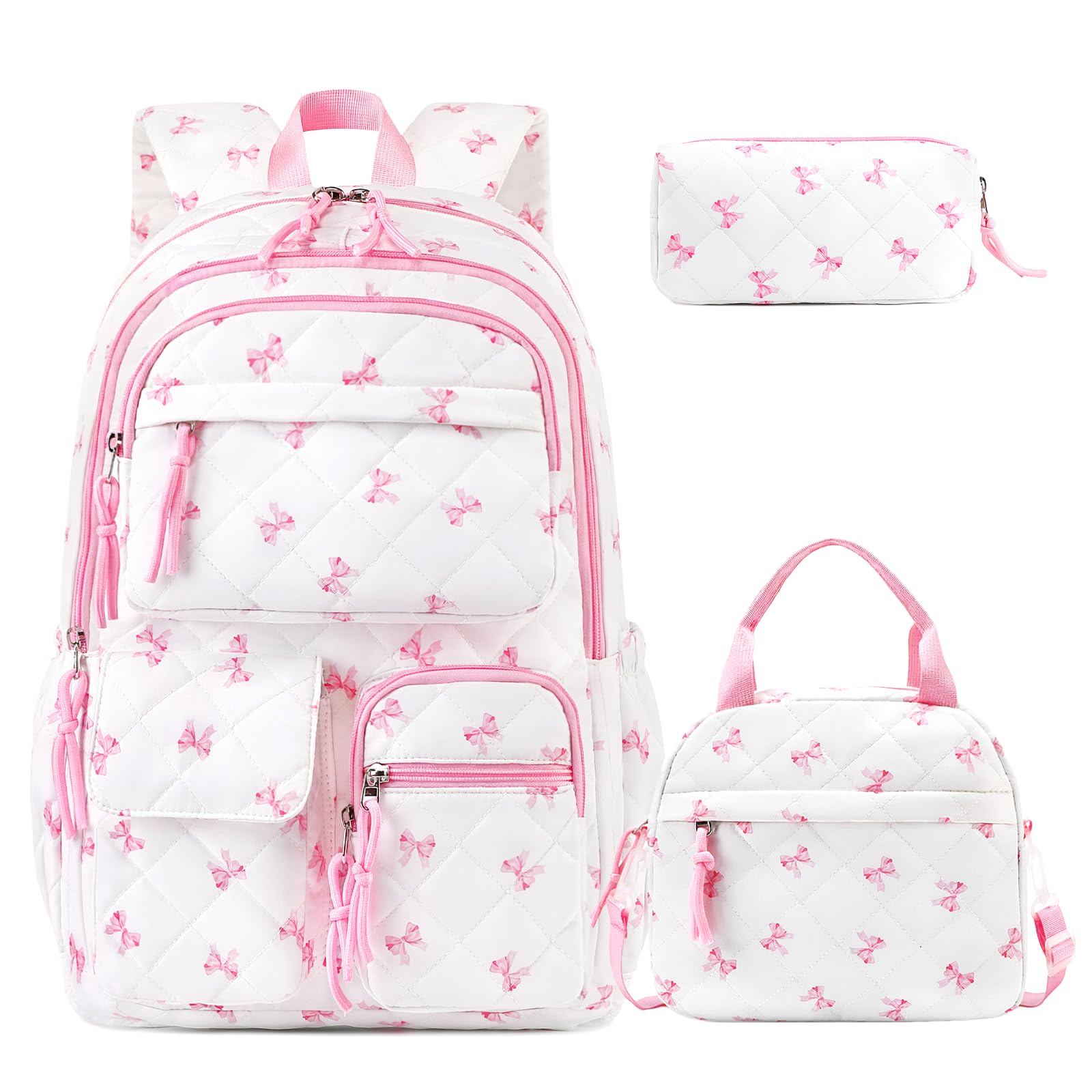 DIGOBAY 3PCS Quilted Backpack for Girls, Cute Girls Backpack with Lunch Box Pencil Case for Teens Girl, Lightweight School Backpack for Kids Girl Bookbag for Elementary Middle High College School