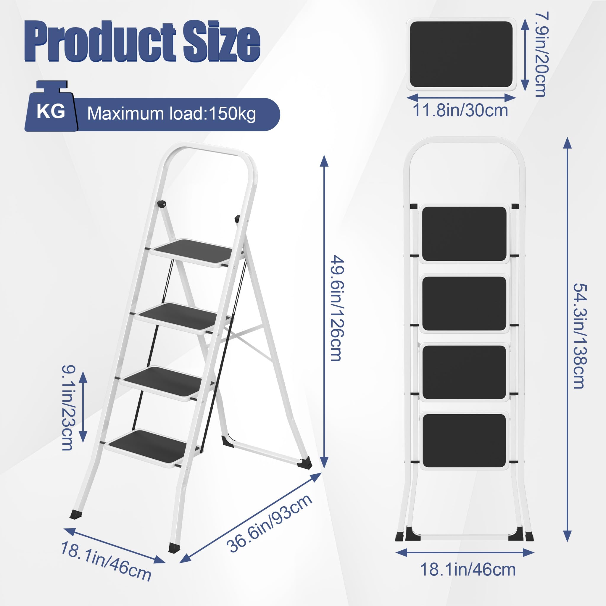 LARS360 Scala pieghevole a 4 livelli, in acciaio con gradini antiscivolo, portata 150 kg, pieghevole, per casa, cucina, ufficio, salvaspazio, solo 5 cm (nero + bianco)