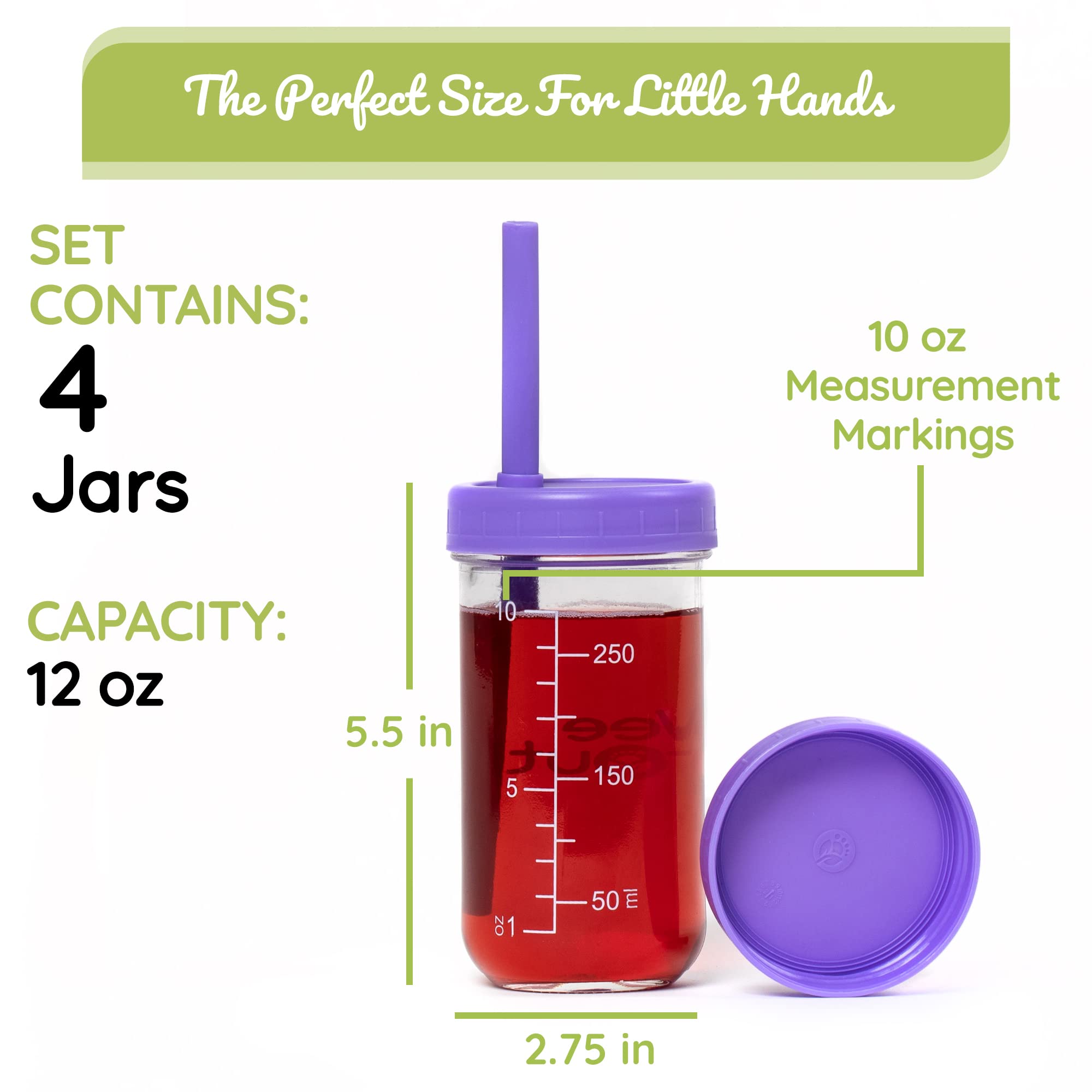 WeeSprout Glass Cups With Lids & Straws, Spill-resistant Cups for Toddlers & Kids, Triple as Toddler Cups, Baby Food Storage & Snack Jars, XL Silicone Straws, Easy-grip Sleeves, Set of four 12 oz jars