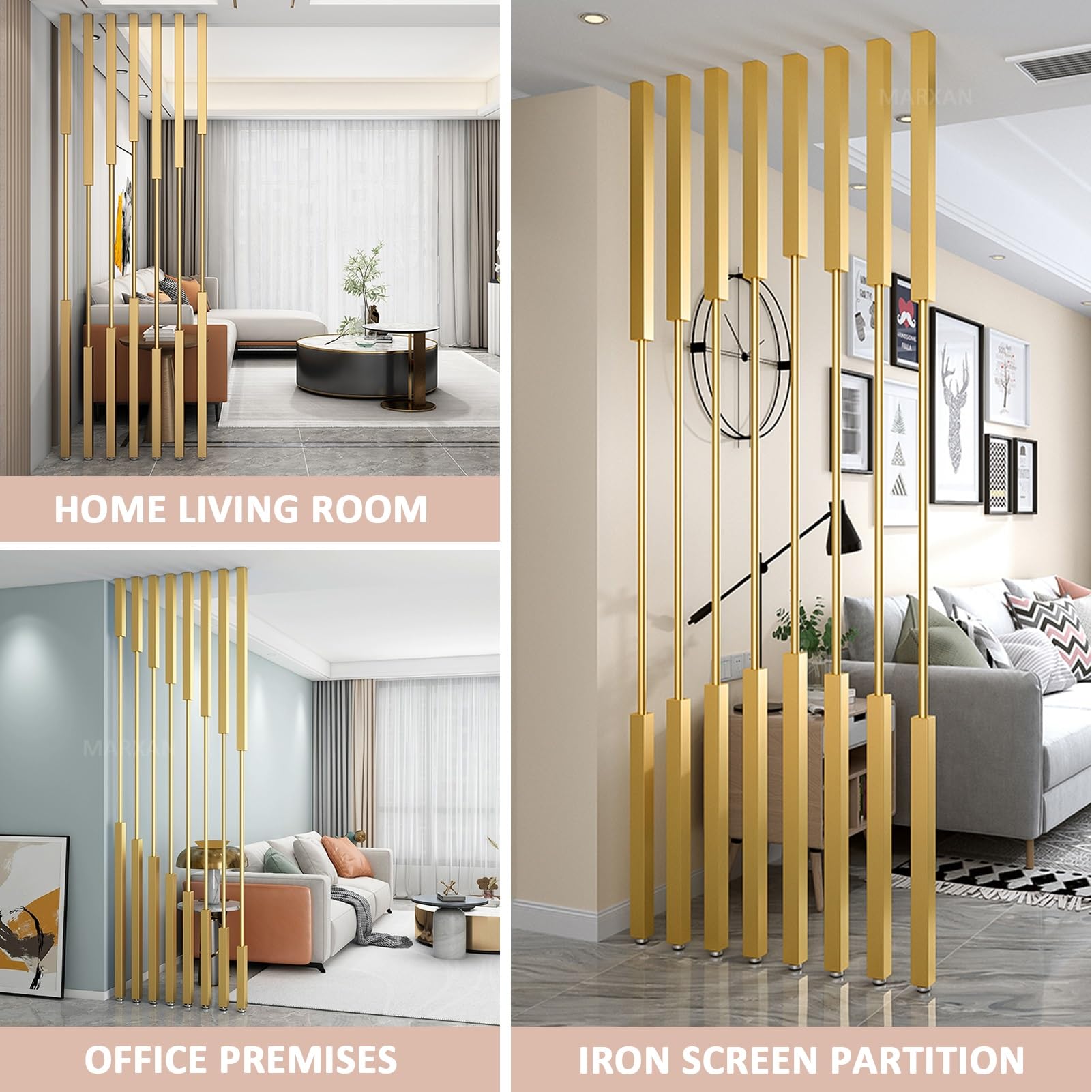 Divisorio decorativo per ambienti da 100-300 cm, divisorio in metallo dorato, senza bisogno di forare, 5/8 schermi a colonna per soggiorno, camera da letto, ingresso(8pcs-C,200cm/79in/6.6ft)