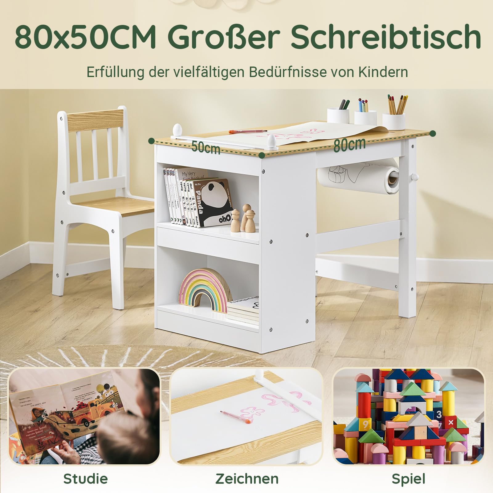 SoBuy Kindertisch mit 1 Stuhl, Kindersitzgruppe mit 1 Papierrollenhalter, Kinder Tisch Stuhl Set, Spieltisch und Maltisch für Kinderzimmer, Maltisch für Kinder, Weiß und Natur 80x66x50 cm KMB60-WN