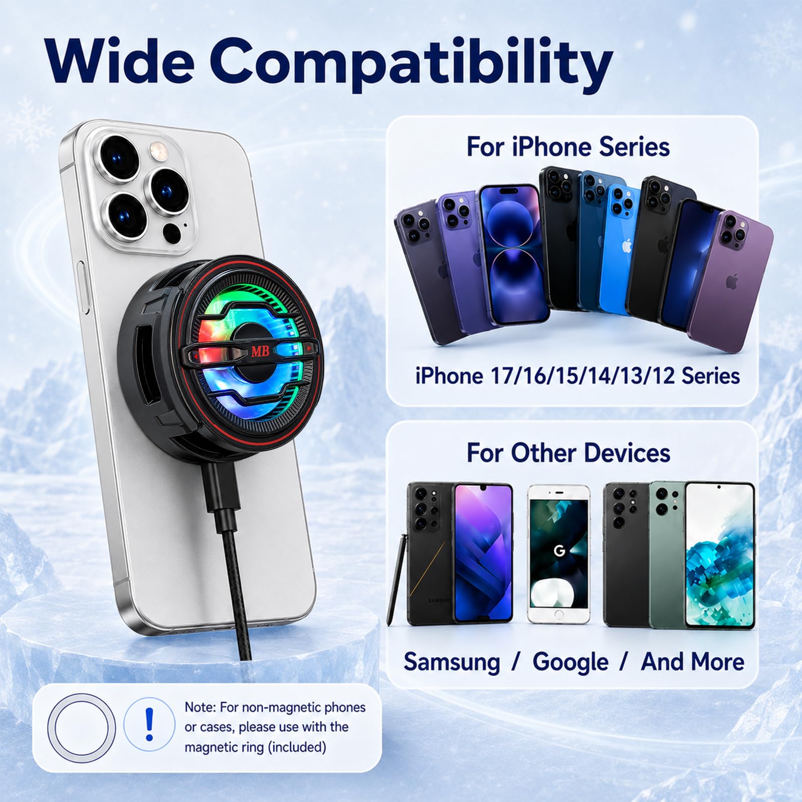 Refrigerador magnético para smartphone para videojuegos, refrigeración | 3 segundos. Enfriamiento rápido, carga y refrigeración al mismo tiempo, funcionamiento silencioso de 25 dB