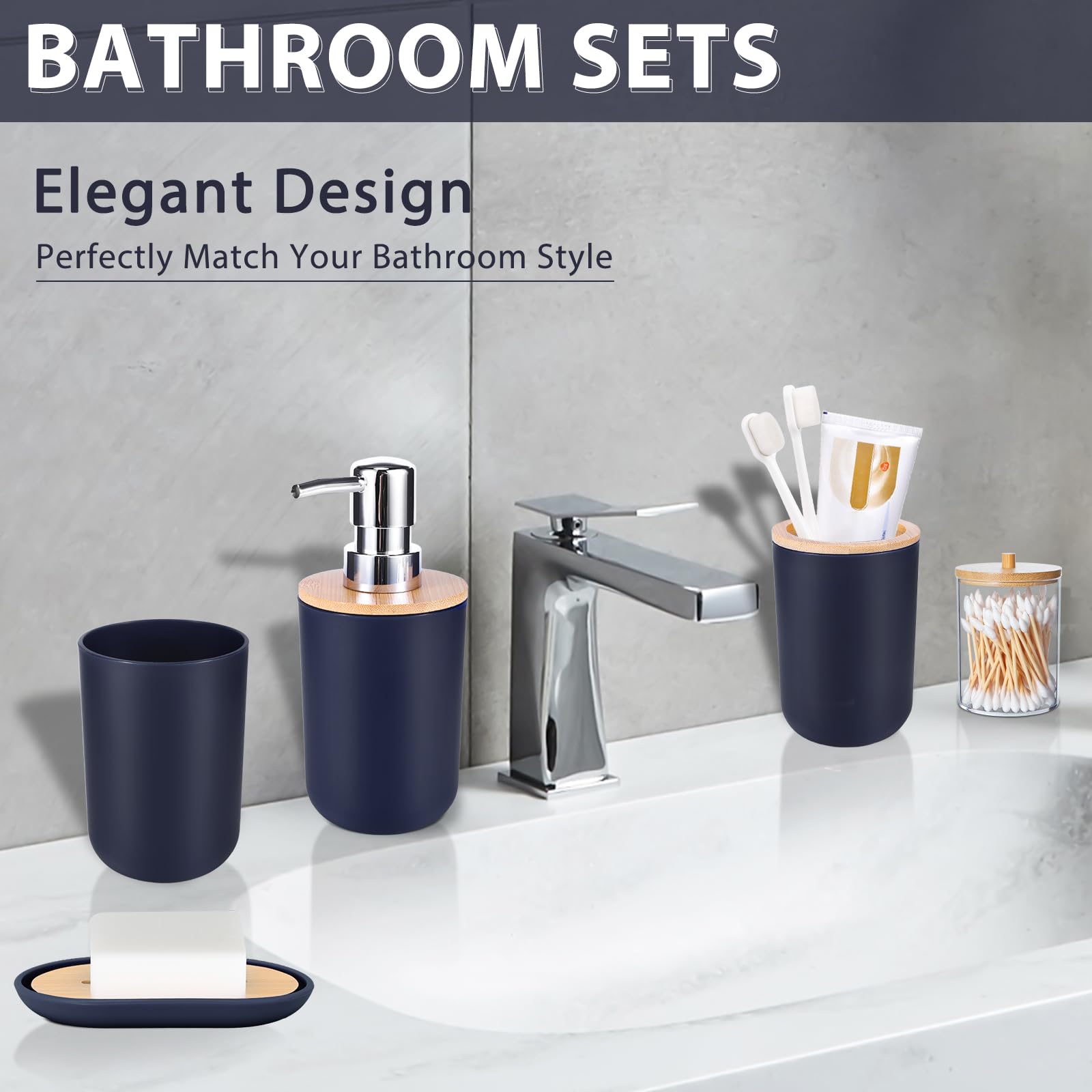 iMucci Bathroom Accessories Set 5Piece Navy Blue Bathroom Sets, Toothbrush Holder, Toothbrush Cup, Soap Dispenser, Soap Dish and Qtip Holder Bathroom Decor