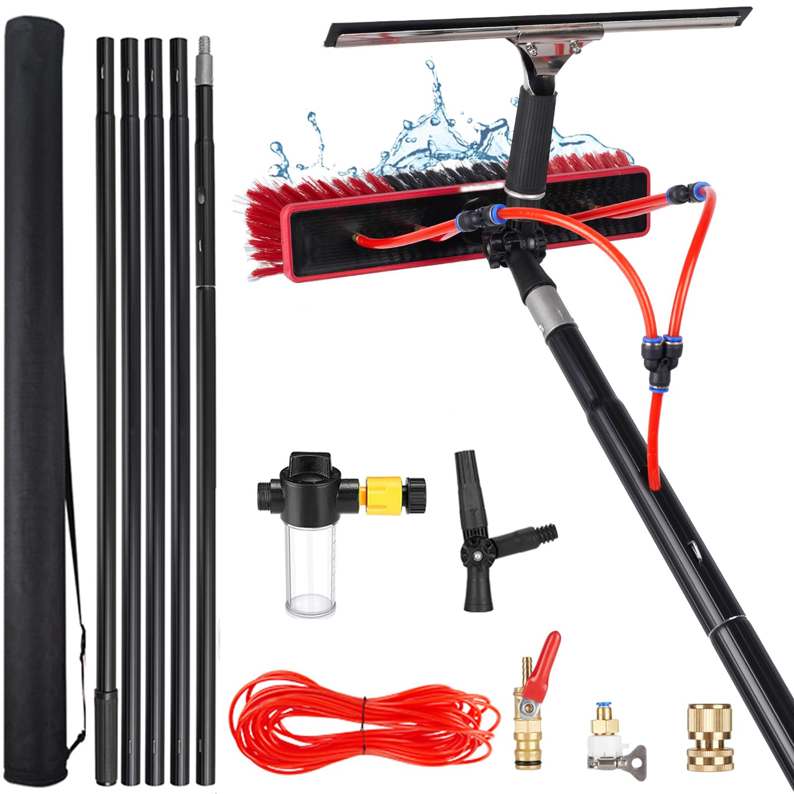 YHKJLYH Window Cleaning Brush, 12 Meters Pole Washing Kit, Water-fed Brush,Squeegee, Soap Dispenser & 20m Hose,Water Fed Window Cleaning Pole Aluminium, Cleaner for Solar Panels & & Roofs, 35cm Brush