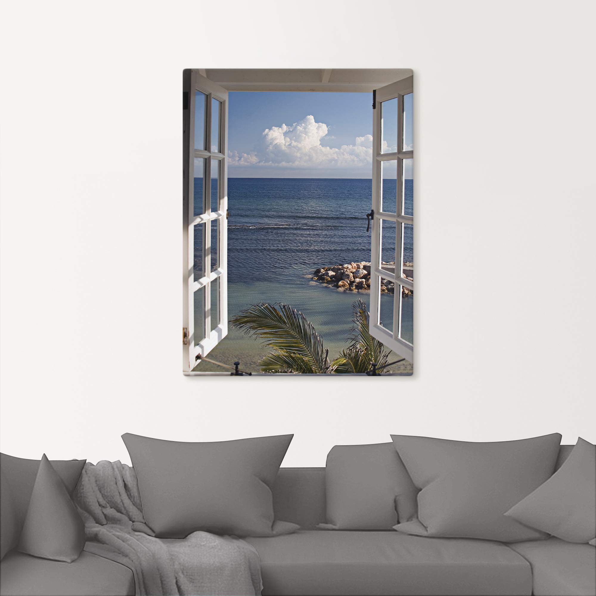 ARTLAND Wanddeko Leinwand Bilder Wandbild 60x80 cm Fensterblick Fenster zum Paradies Strand Meer Maritim Palmen Landschaft T9II