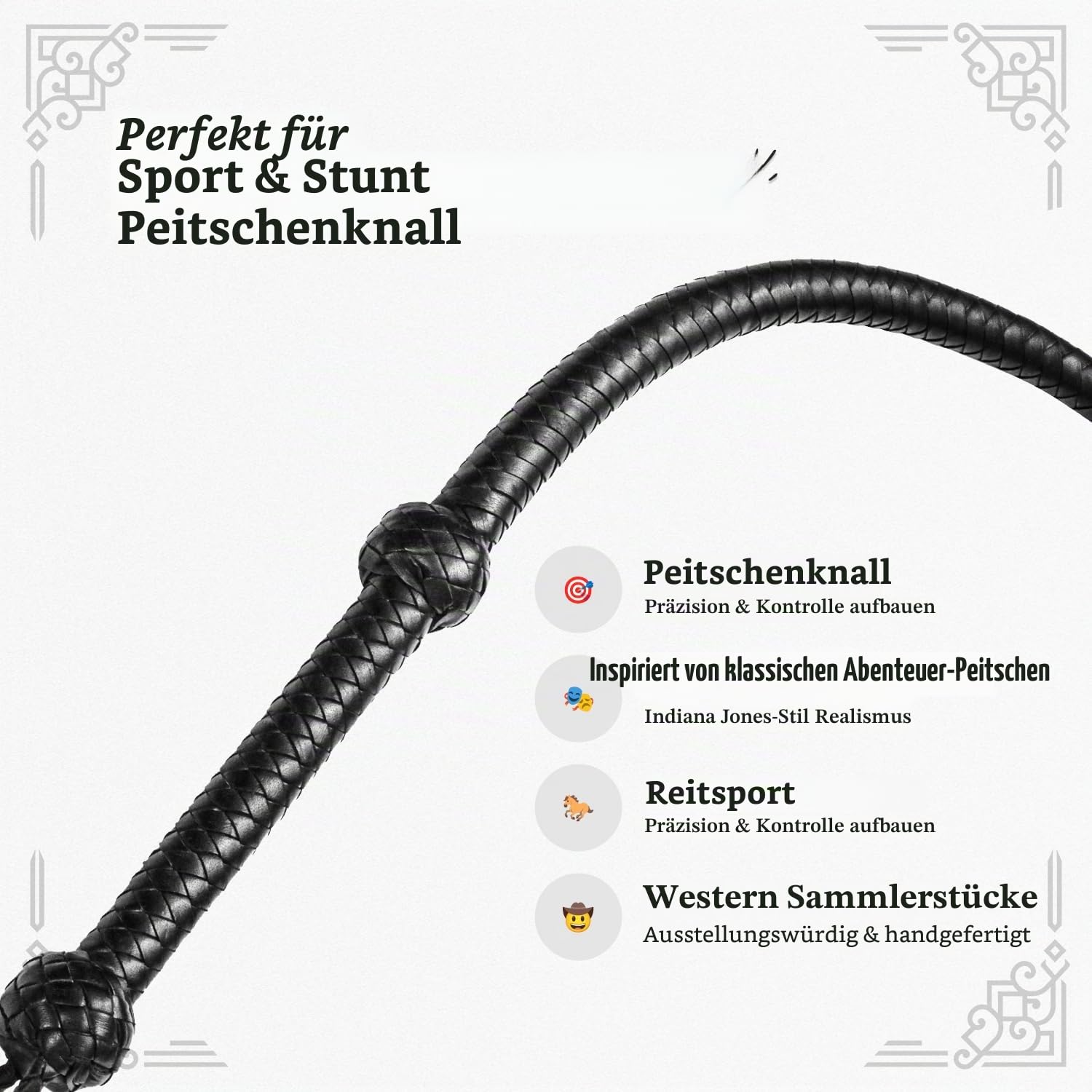 Indiana Jones Style Bullwhip Echtes Rindsleder, Reitpeitsche, schwarz, 0,9 m, 1,2 m, 1,8 m und 2,4 m lang für Reitsport