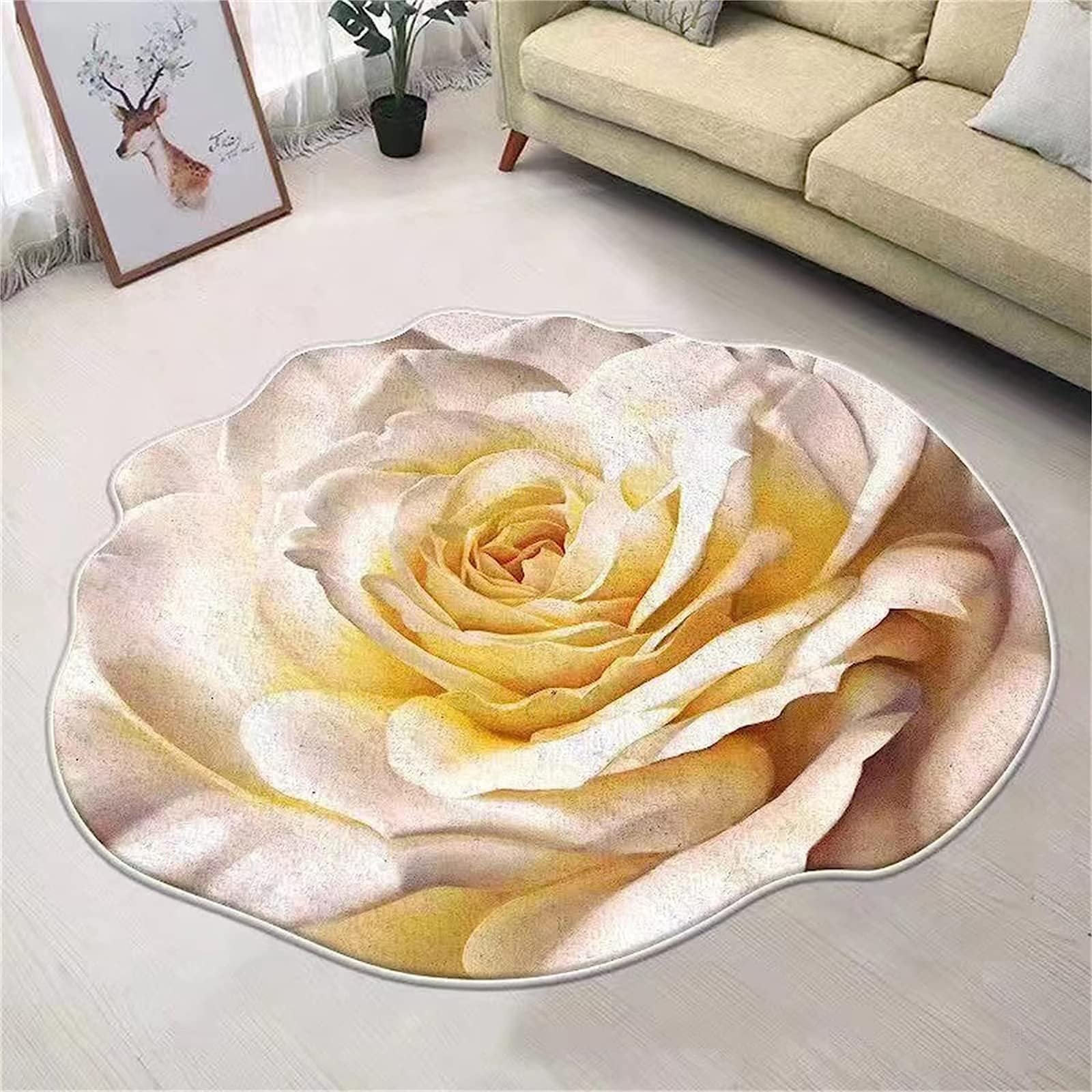 Yellow Flower Shaped 6ft Rug Yellow Rose Carpet Living Room Decor Area Rug,Suitable for Bathroom, Bedroom and Living Room | Non-Slip Backing Easy to