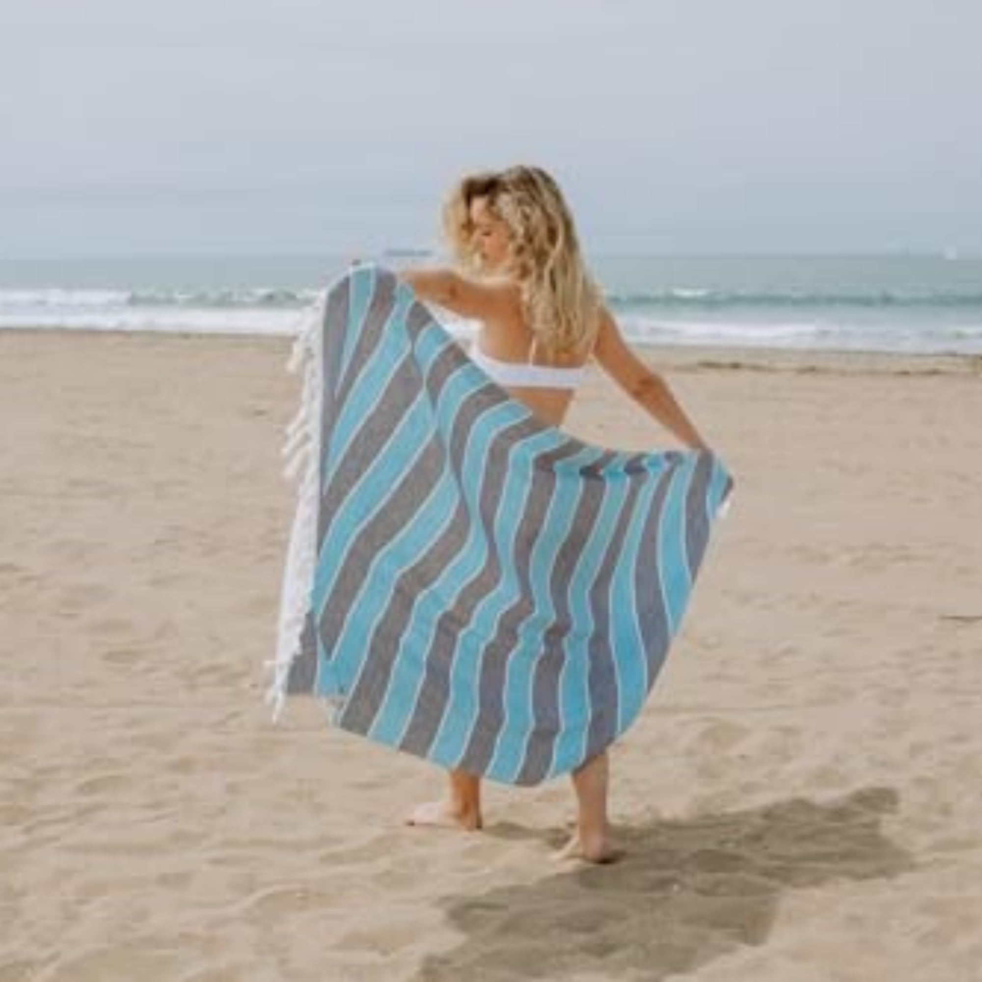 InfuseZen Terry-Backed Turkish Beach Towel – 100% Organic Cotton, Striped Peshtemal (37"x68"), Quick Dry