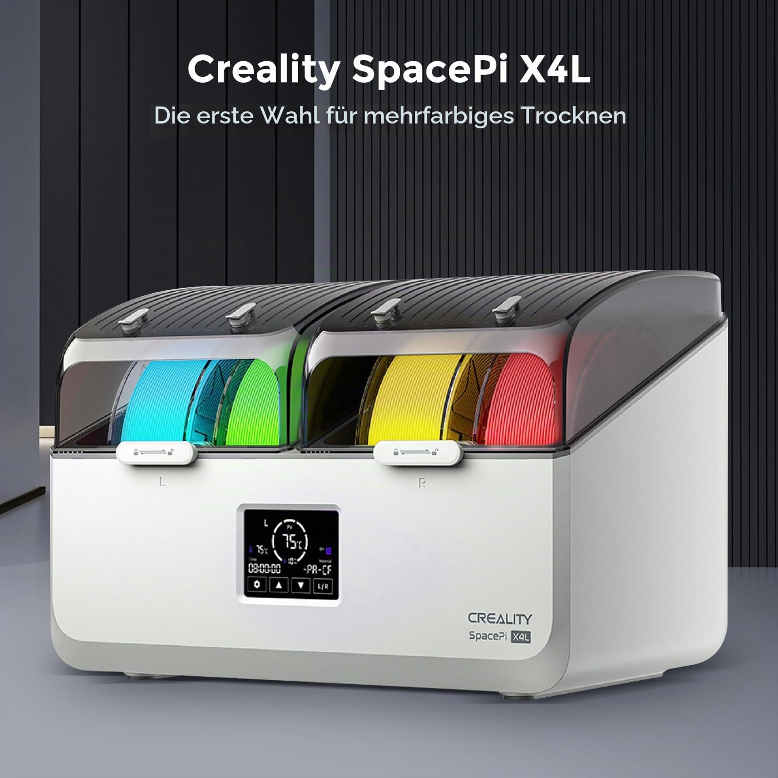Creality Filament-Trocknungsbox für 4 Spulen, Space Pi X4L Filament-Aufbewahrungsbox, 200 W PTC-Heizung bis 75 °C, Schnelltrocknung dank zweier Heizkammern, für PLA, PETG, TPU und ABS