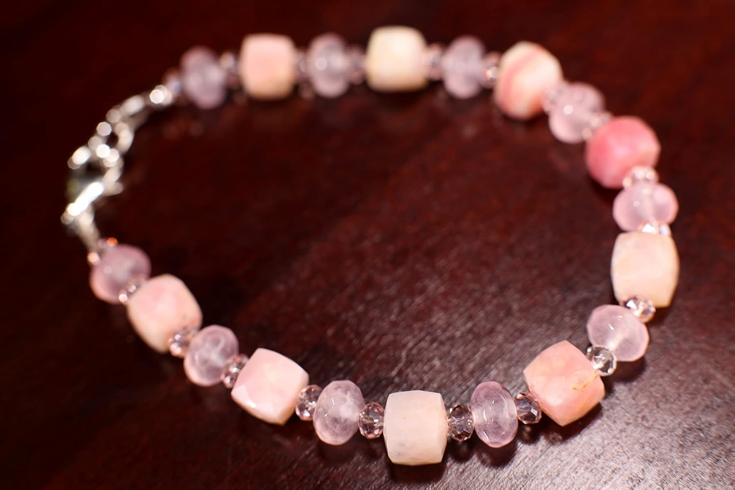 Natural Pink Peruvian Opal 8mm Cube Bracelet Accent with Rose Quartz Spacer Gemstone Beads in 925 Sterling Silver Clasp, Precious gift