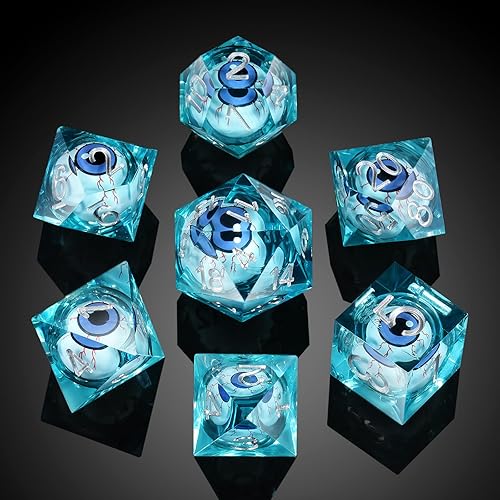 Miniatura 6 de DNDND Dados DND de resina líquida de borde afilado con estuche de regalo para juego de mazmorras y dragones (azul con globo ocular)