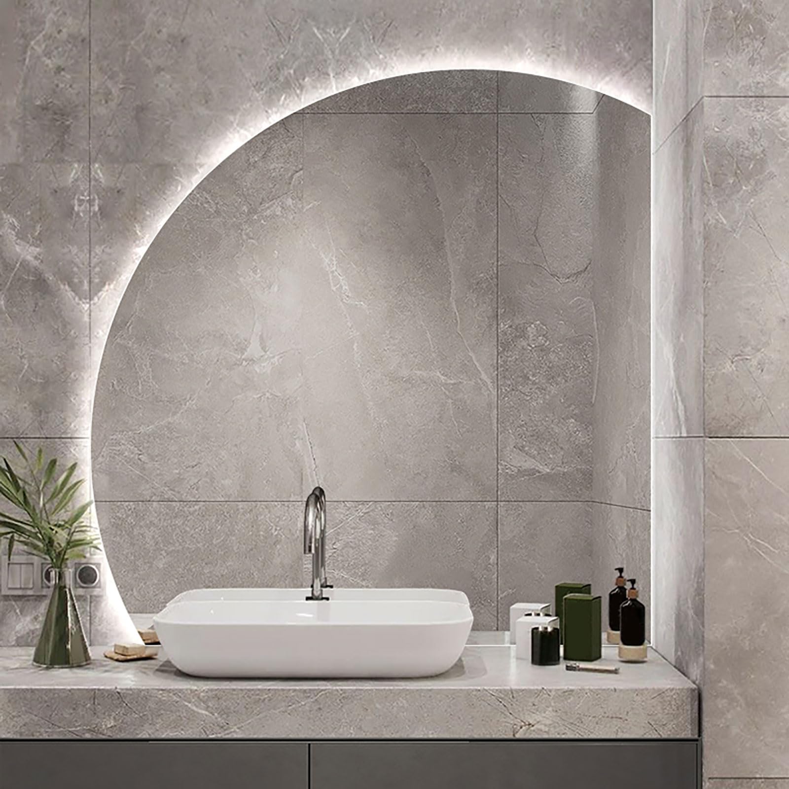 WQZzjm Smart HalfCircle Bathroom Mirror LED Wall Mirror with TriColor Lighting for Modern Home Décor, Perfect for Stylish Interiors and Ambient Lighting (70L x 70W cm)