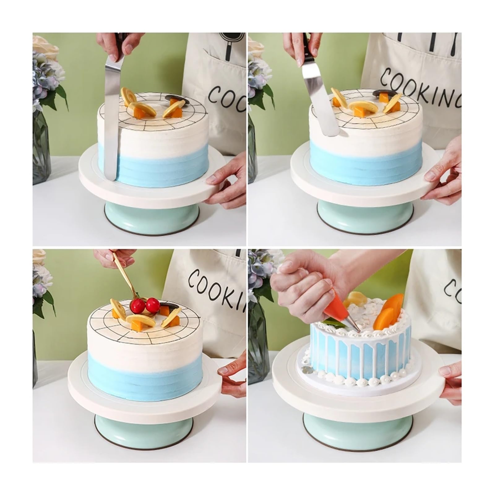Alzata rotante in plastica antiscivolo per torte, set di accessori da cucina, strumenti per la preparazione di torte (verde)